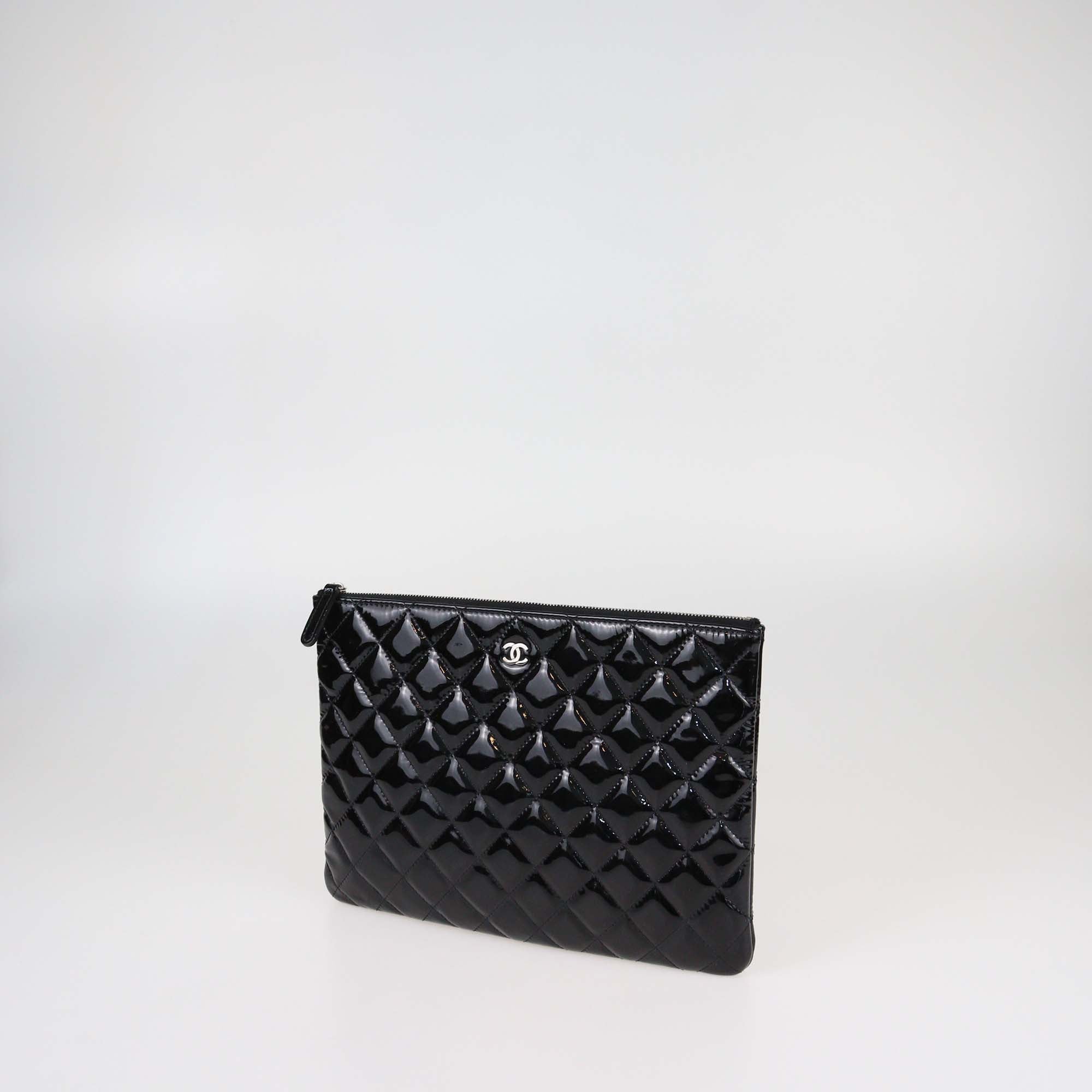 Chanel Black Quilted Patent Leather Medium O Case Clutch