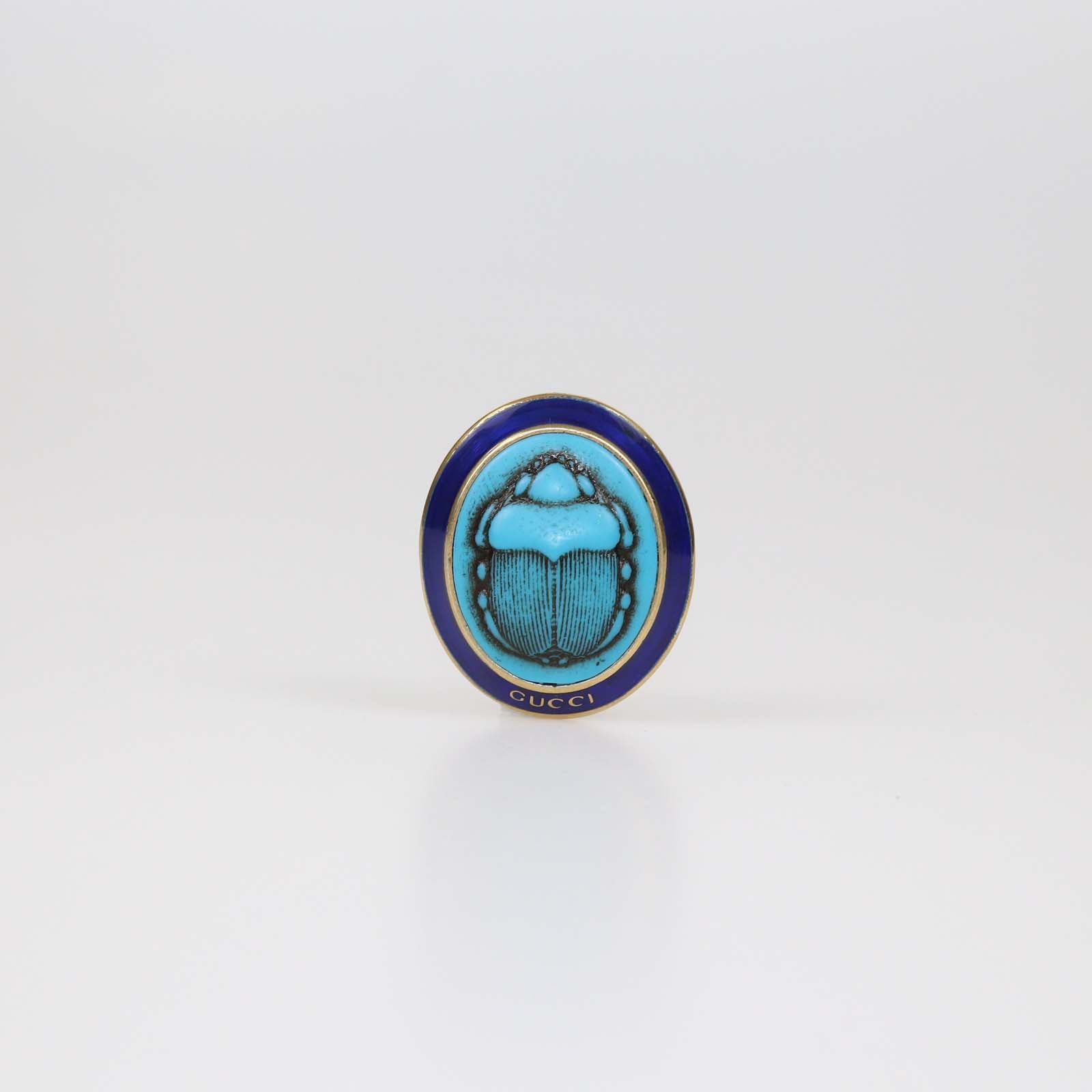 Gucci Aged Gold Metal Turquoise Beetle Cocktail Ring M