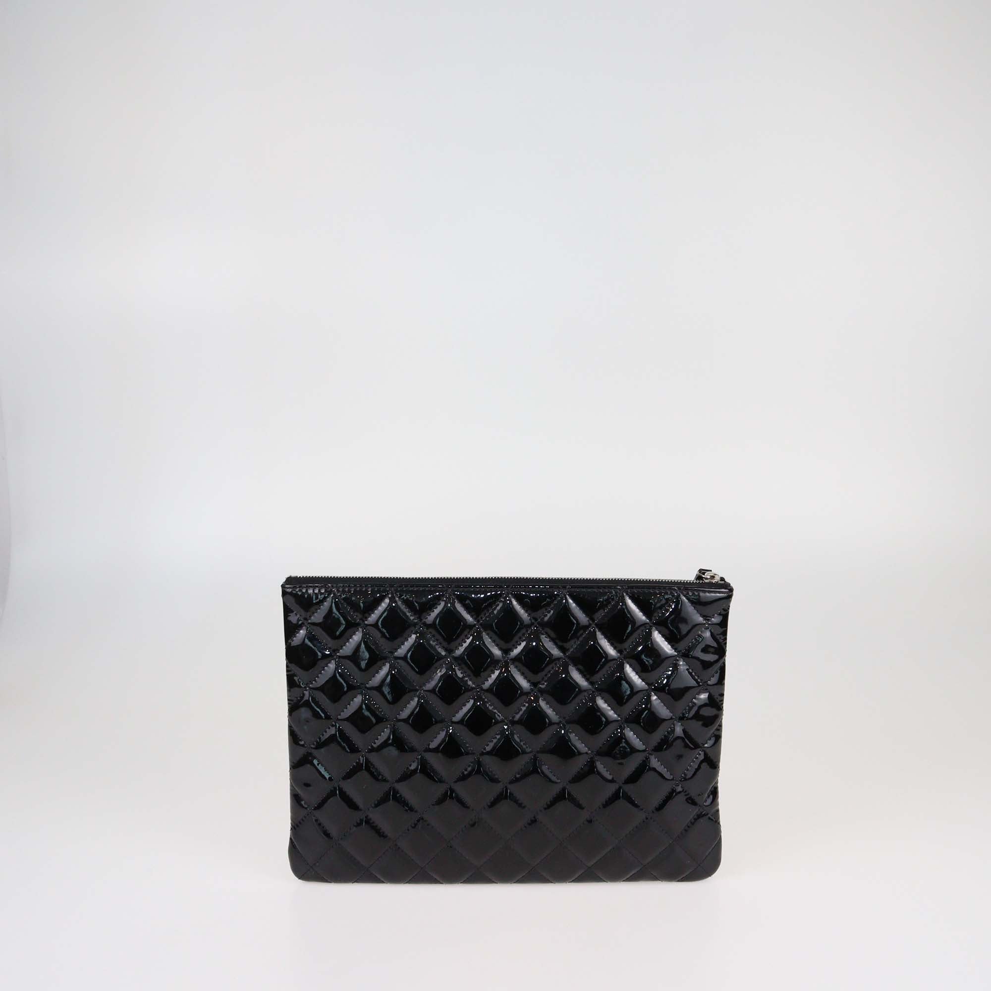 Chanel Black Quilted Patent Leather Medium O Case Clutch