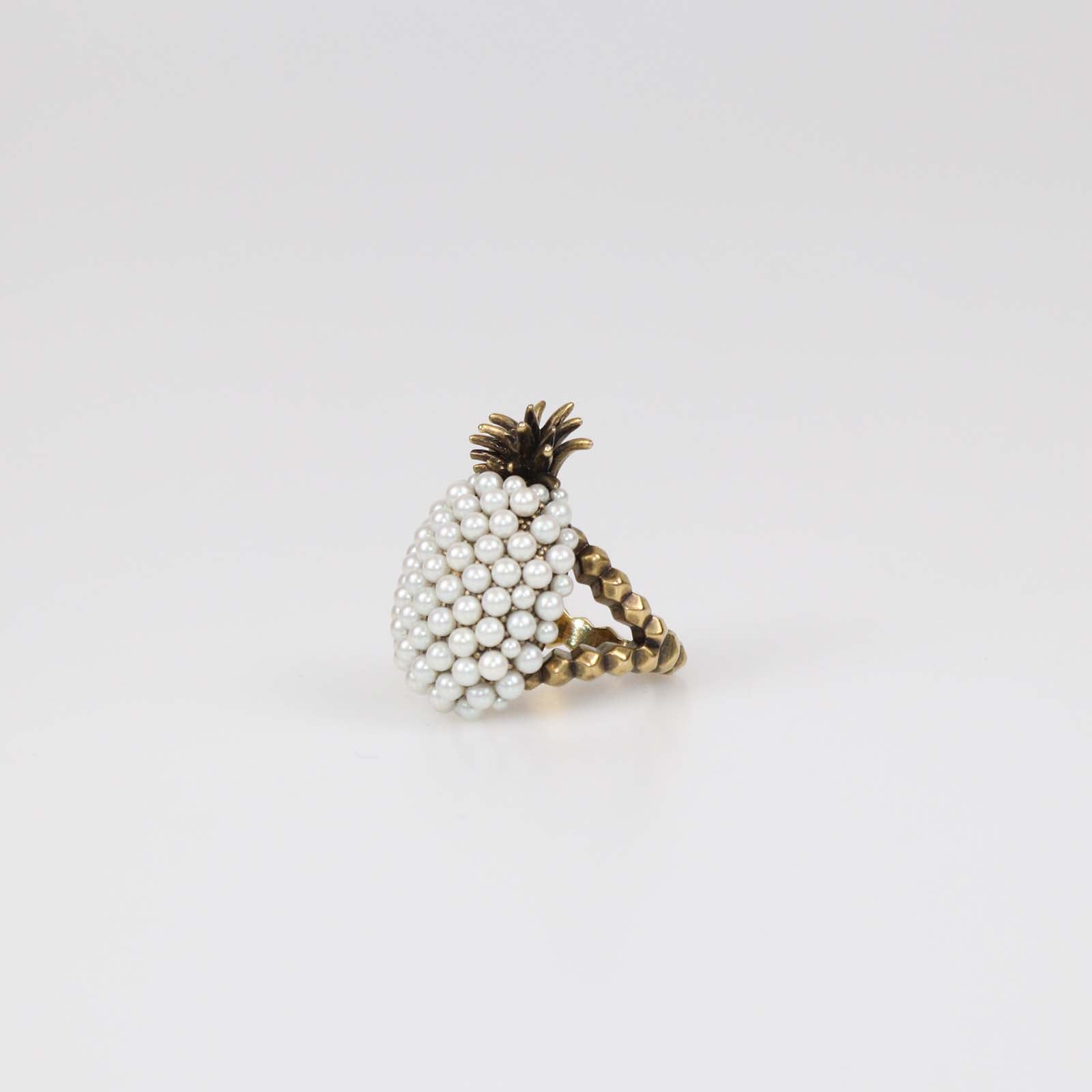 Gucci Aged Gold Metal Faux Pearl Pineapple Cocktail Ring M