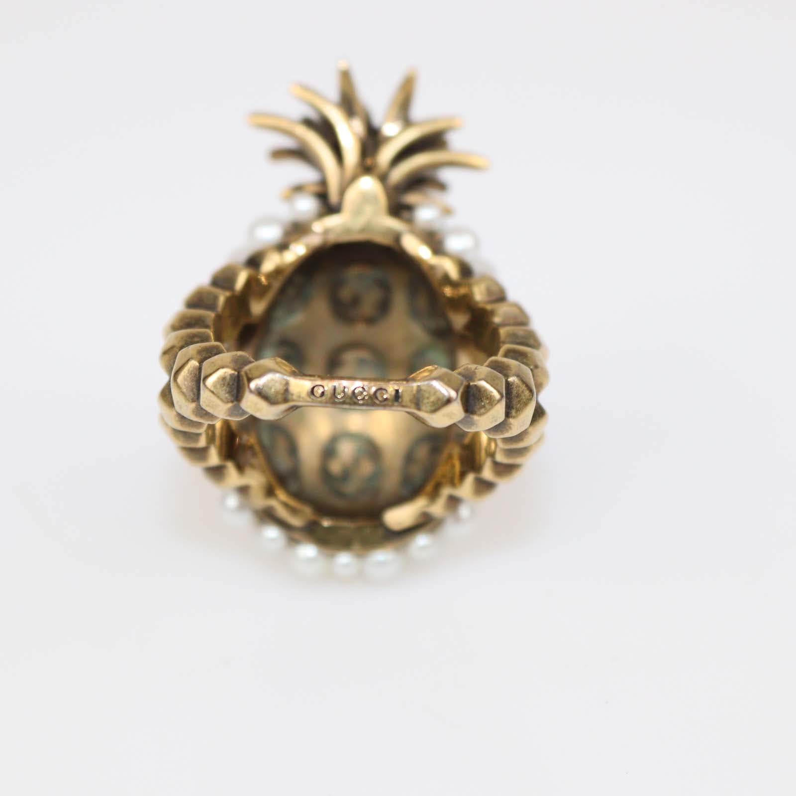 Gucci Aged Gold Metal Faux Pearl Pineapple Cocktail Ring M