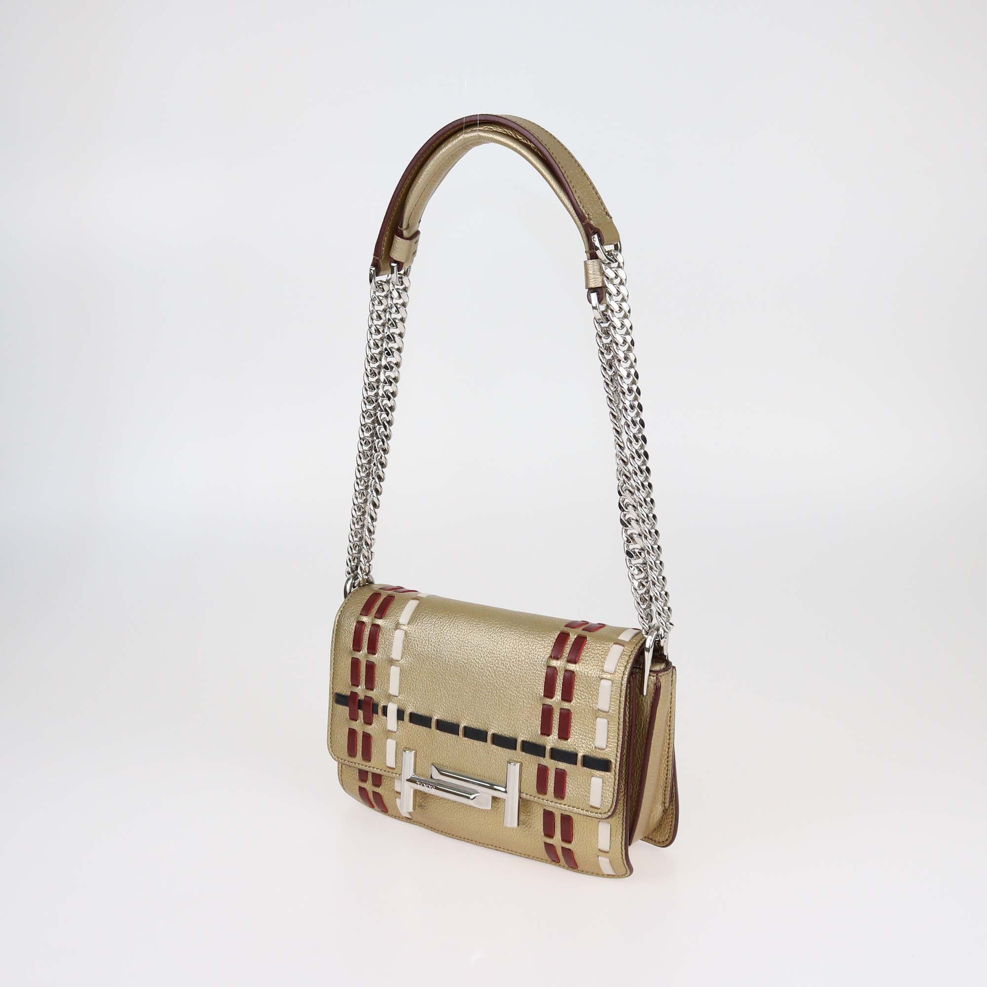 Tod's Gold/Multicolor Leather Double T Shoulder Bag