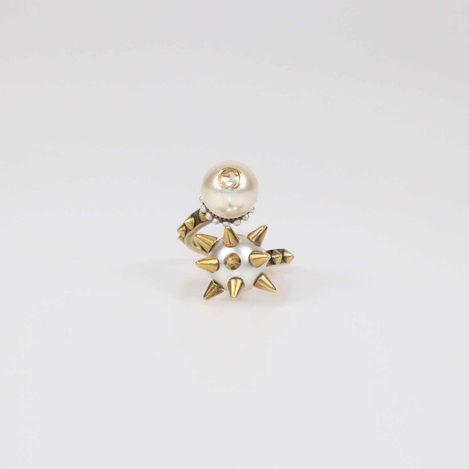 Gucci Aged Gold Metal Faux Pearl Spike Studded Ring