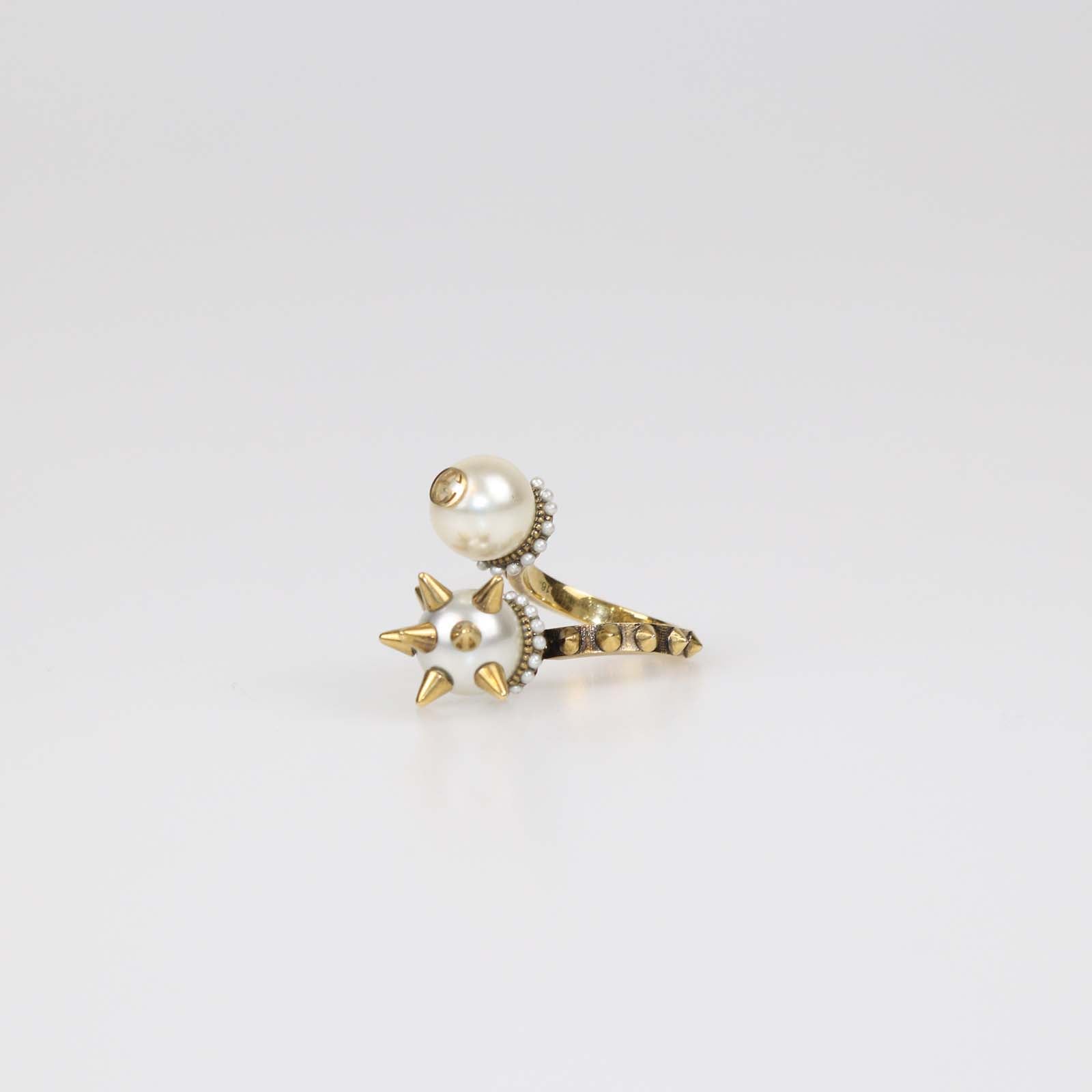 Gucci Aged Gold Metal Faux Pearl Spike Studded Ring
