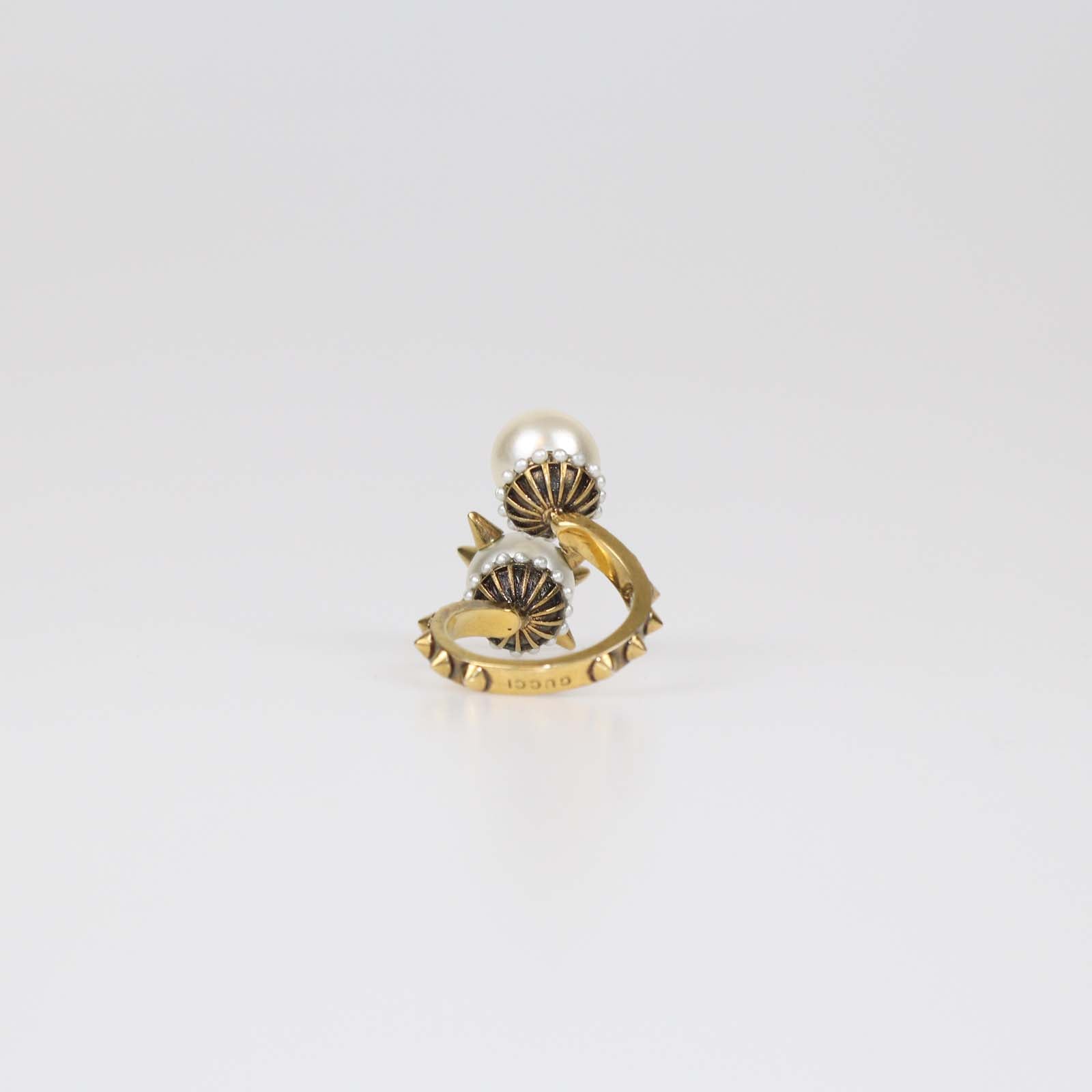 Gucci Aged Gold Metal Faux Pearl Spike Studded Ring