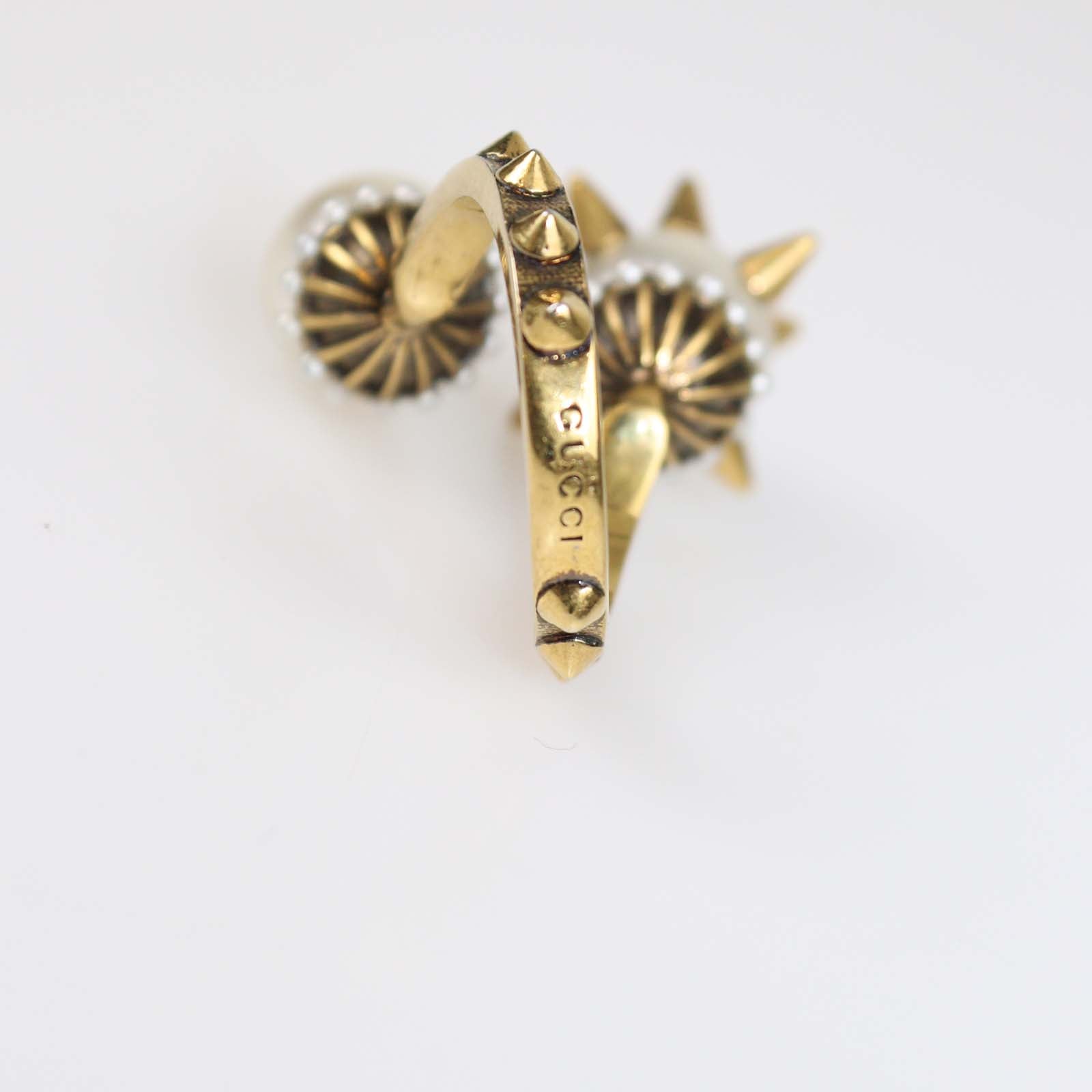 Gucci Aged Gold Metal Faux Pearl Spike Studded Ring