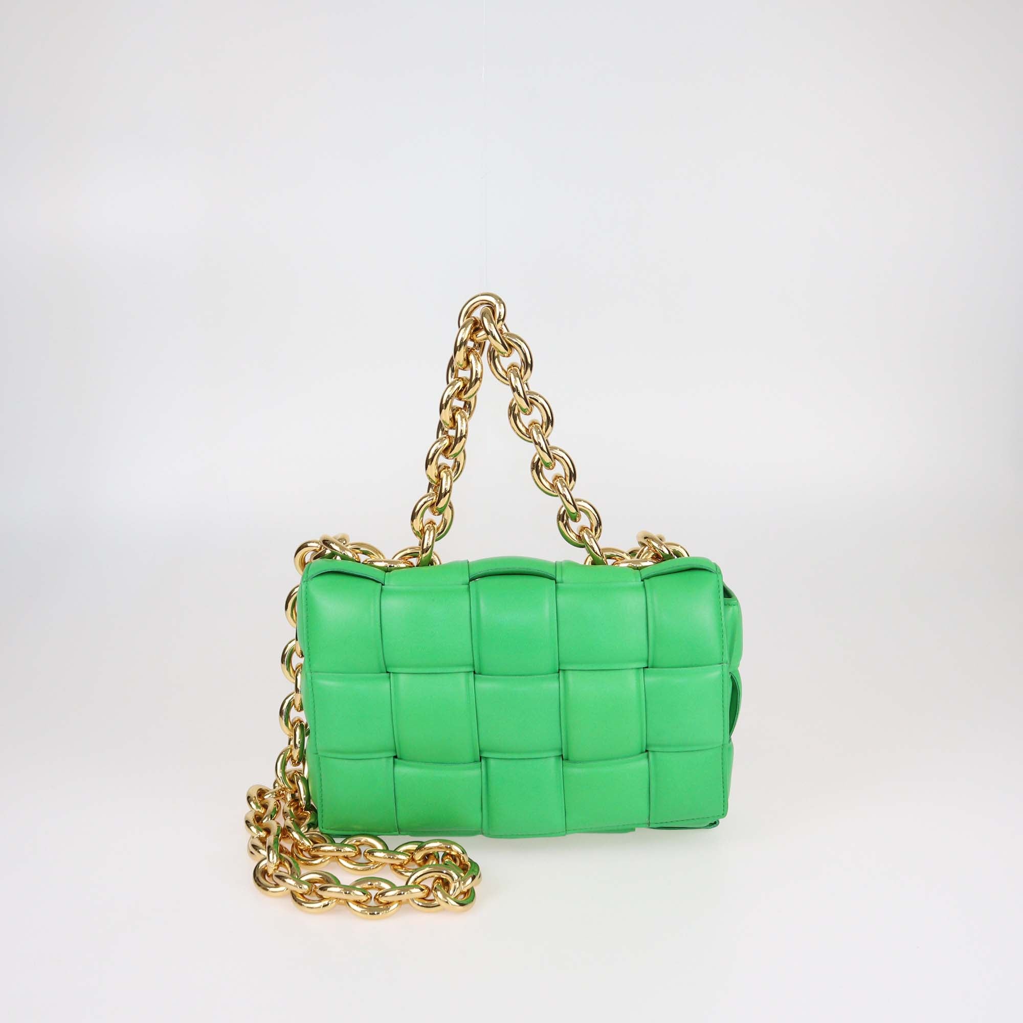 Bottega Veneta Green Intreccio Leather Padded Cassette Chain Bag