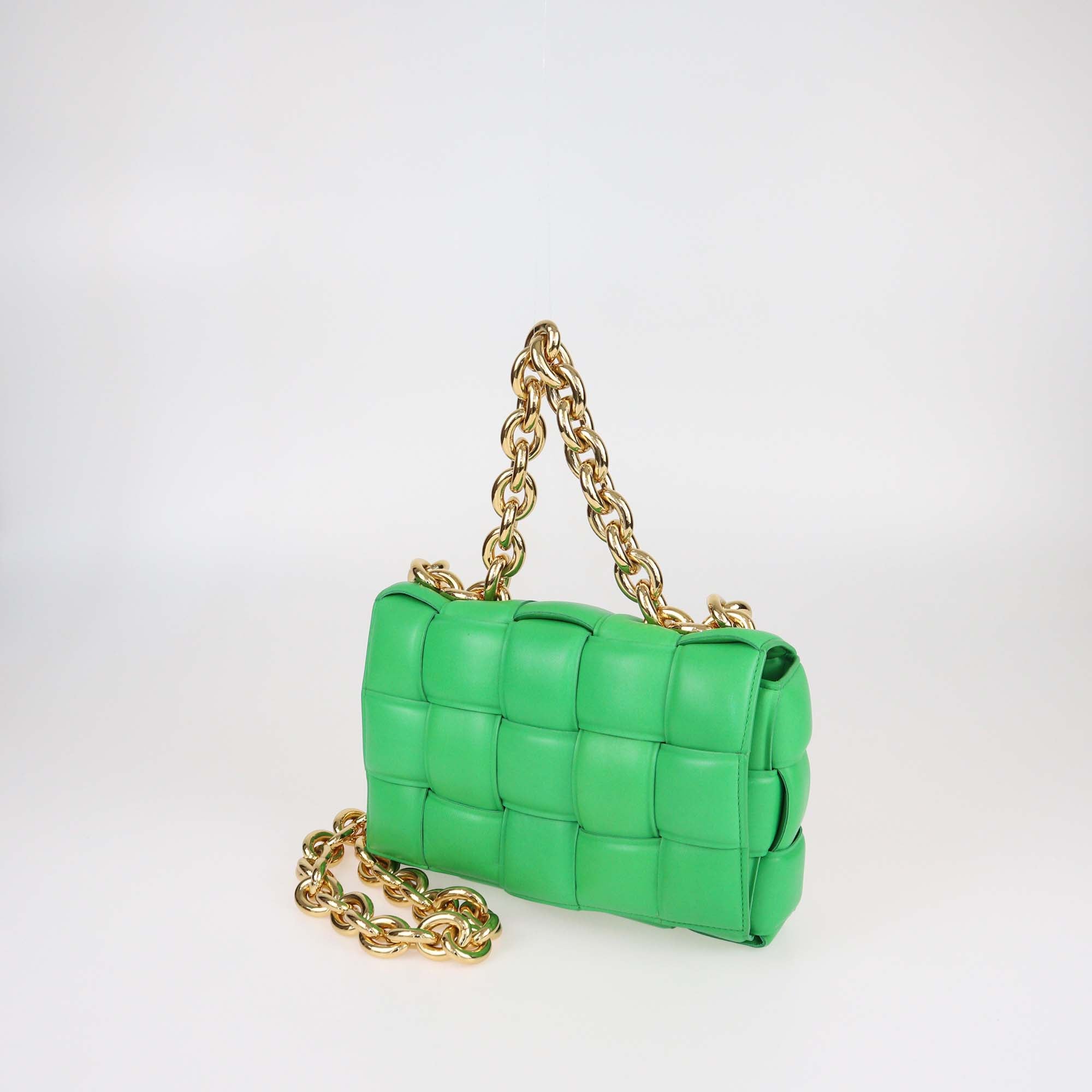 Bottega Veneta Green Intreccio Leather Padded Cassette Chain Bag