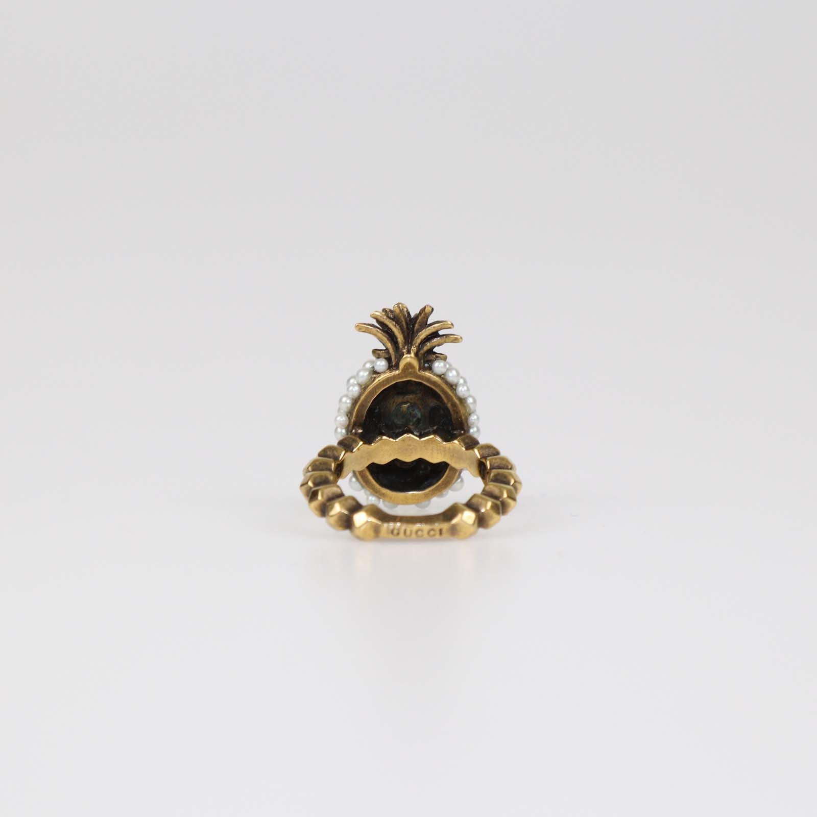Gucci Aged Gold Metal Faux Pearl Pineapple Cocktail Ring XS