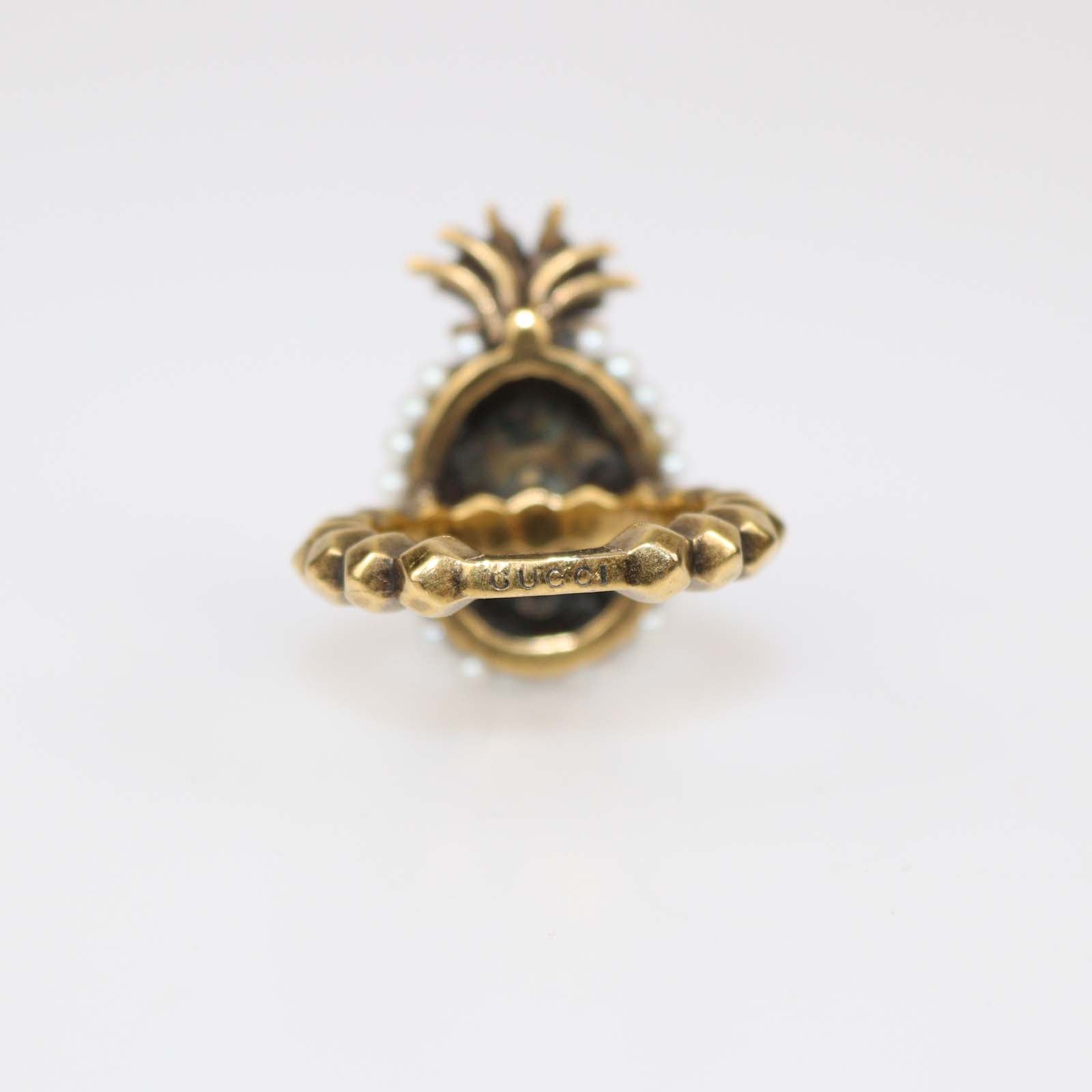 Gucci Aged Gold Metal Faux Pearl Pineapple Cocktail Ring XS