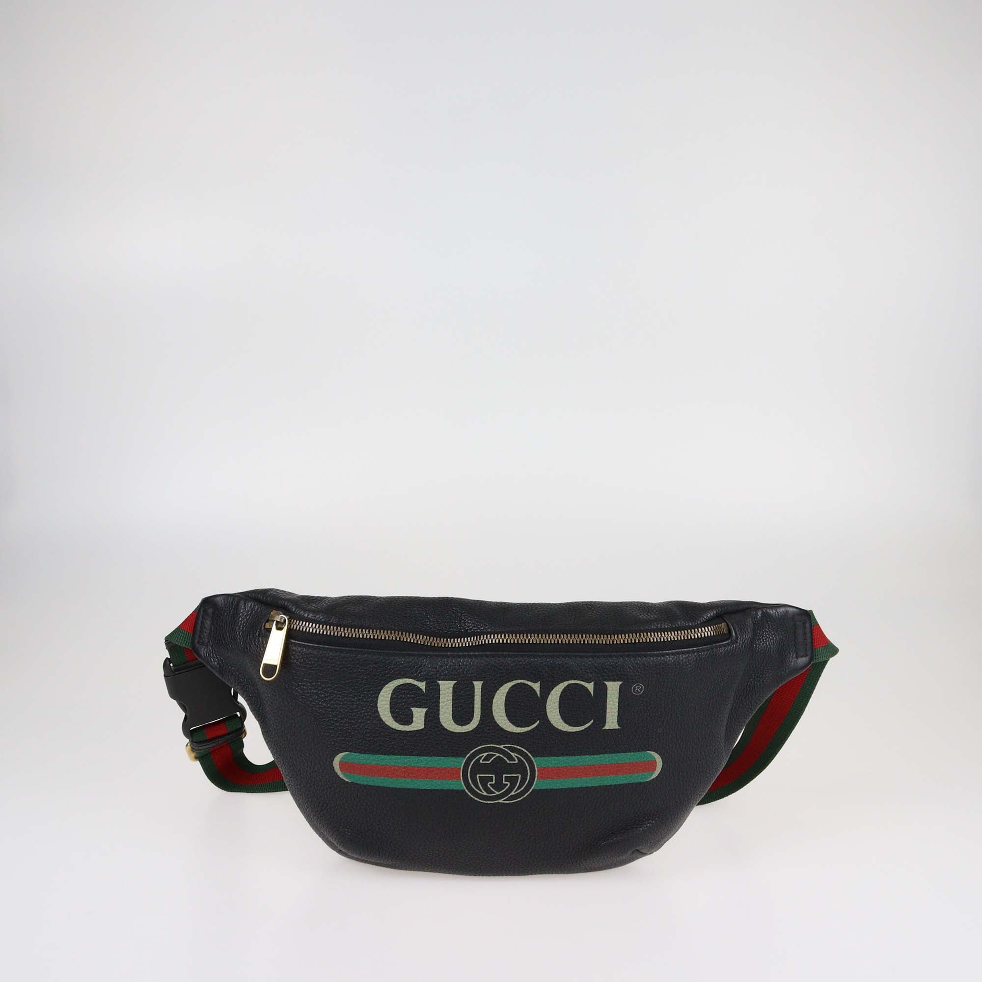 Gucci Black Leather Large Web Logo Belt Bag