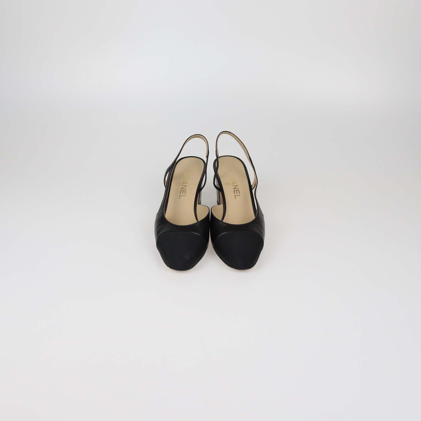 Chanel Black Leather and Fabric Cap Toe Slingback Pumps