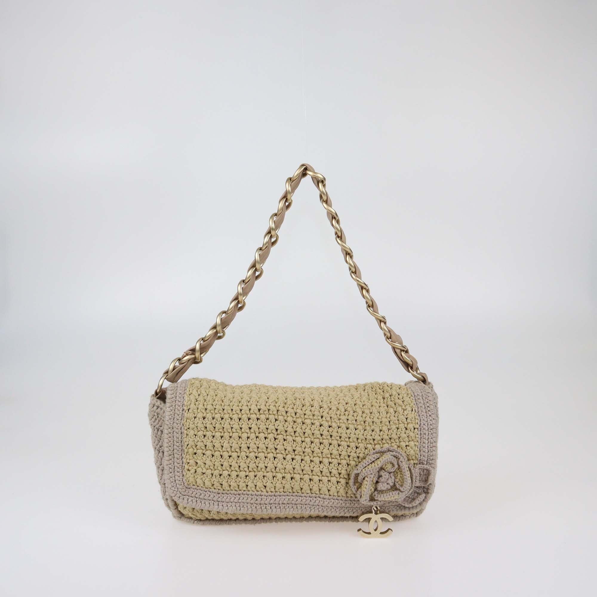Chanel Brown/Beige Camellia Wool Crochet Knitted Shoulder Bag Womens Chanel