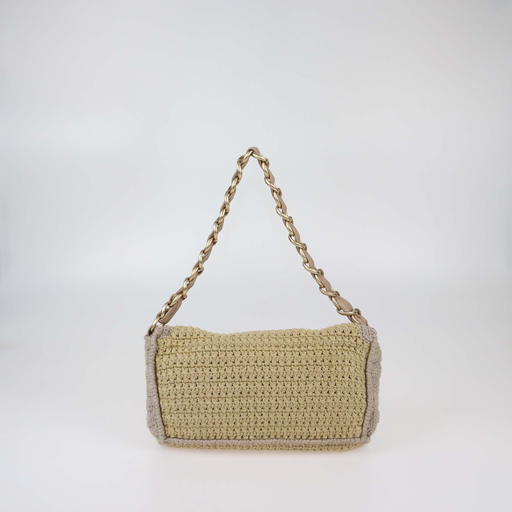 Chanel Brown/Beige Camellia Wool Crochet Knitted Shoulder Bag Womens Chanel