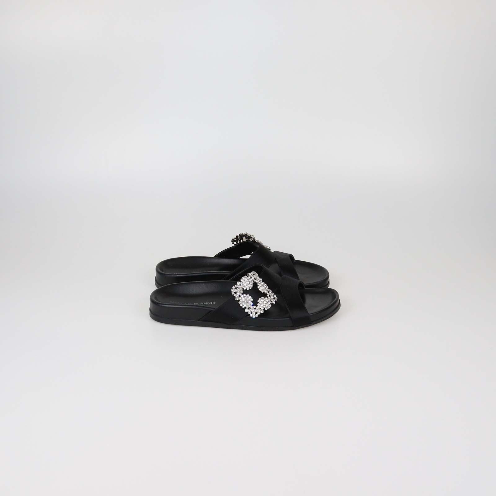 Manolo Blahnik Black Satin Crystal Embellished Slides