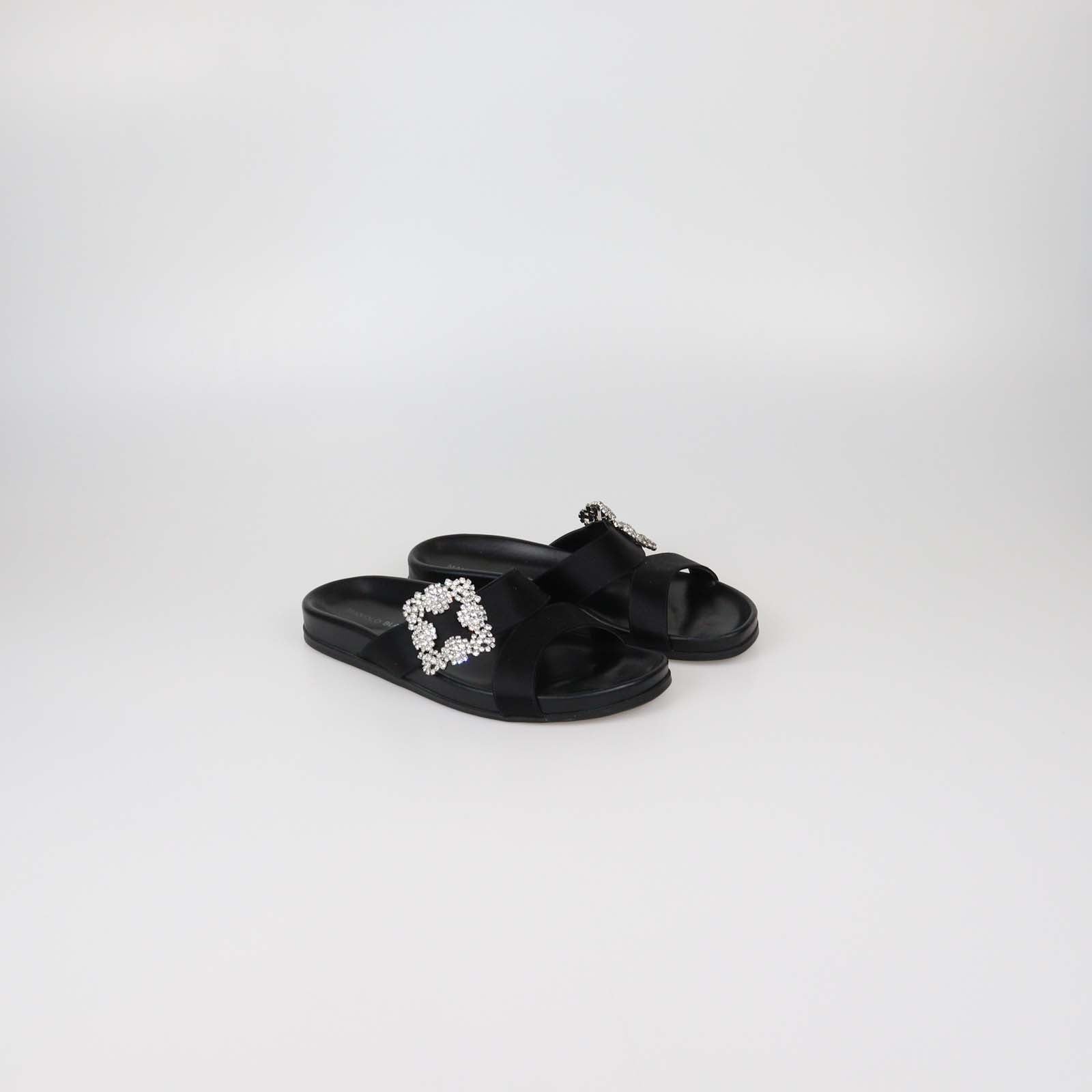 Manolo Blahnik Black Satin Crystal Embellished Slides