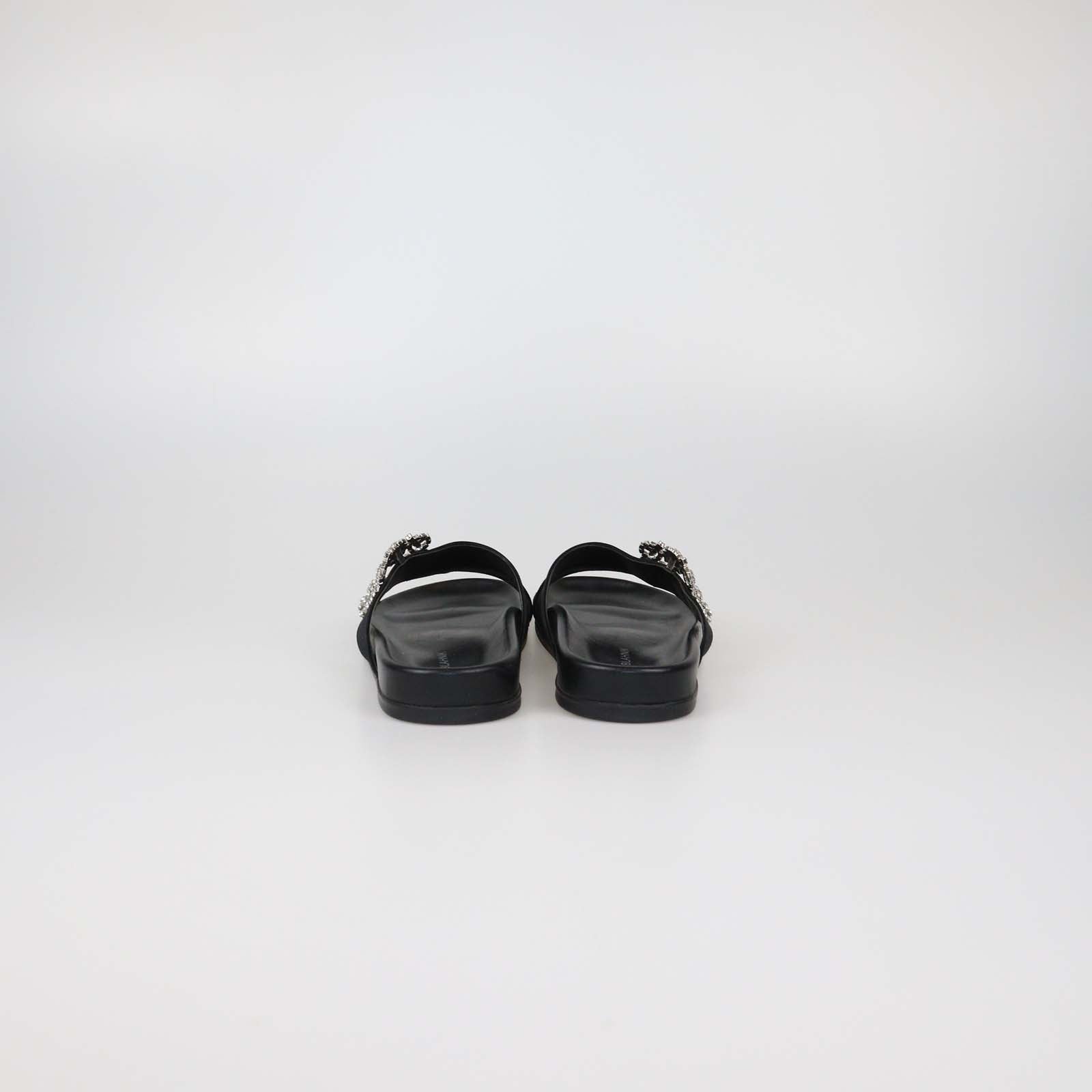 Manolo Blahnik Black Satin Crystal Embellished Slides