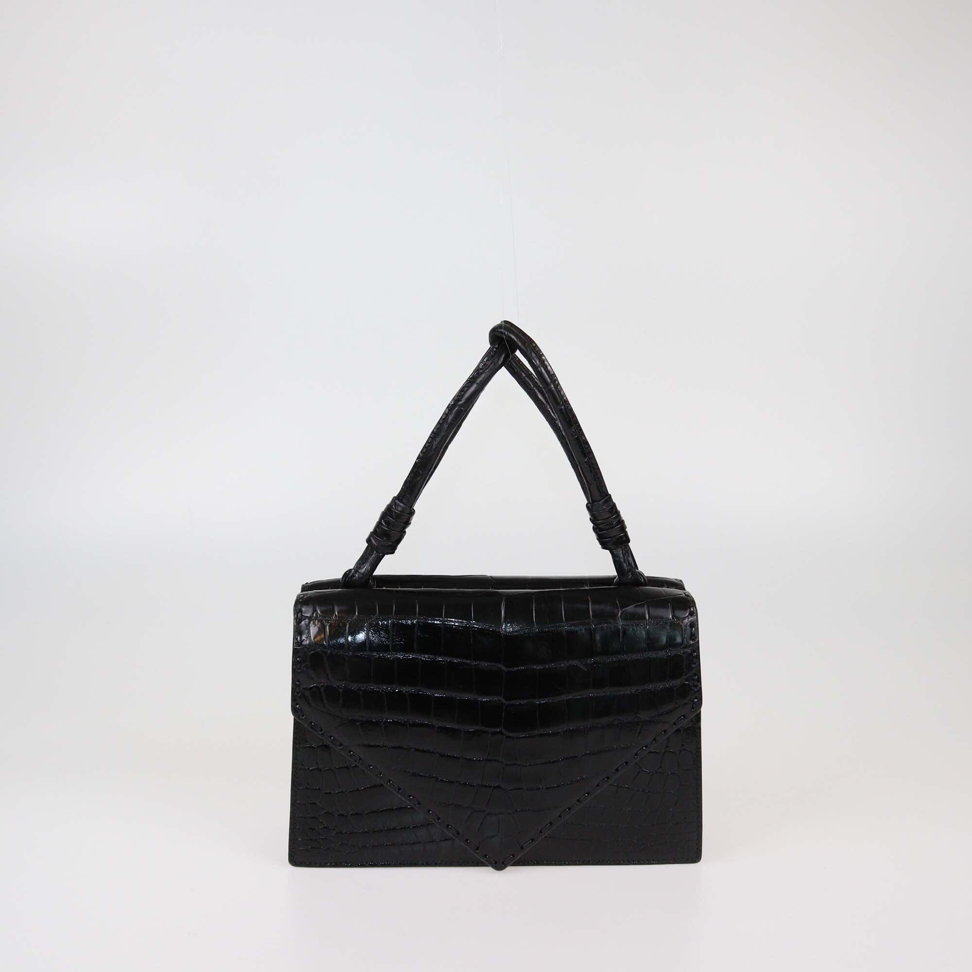 Bottega Veneta Black Shiny Crocodile Leather Piano Handle Bag Womens Bottega Veneta