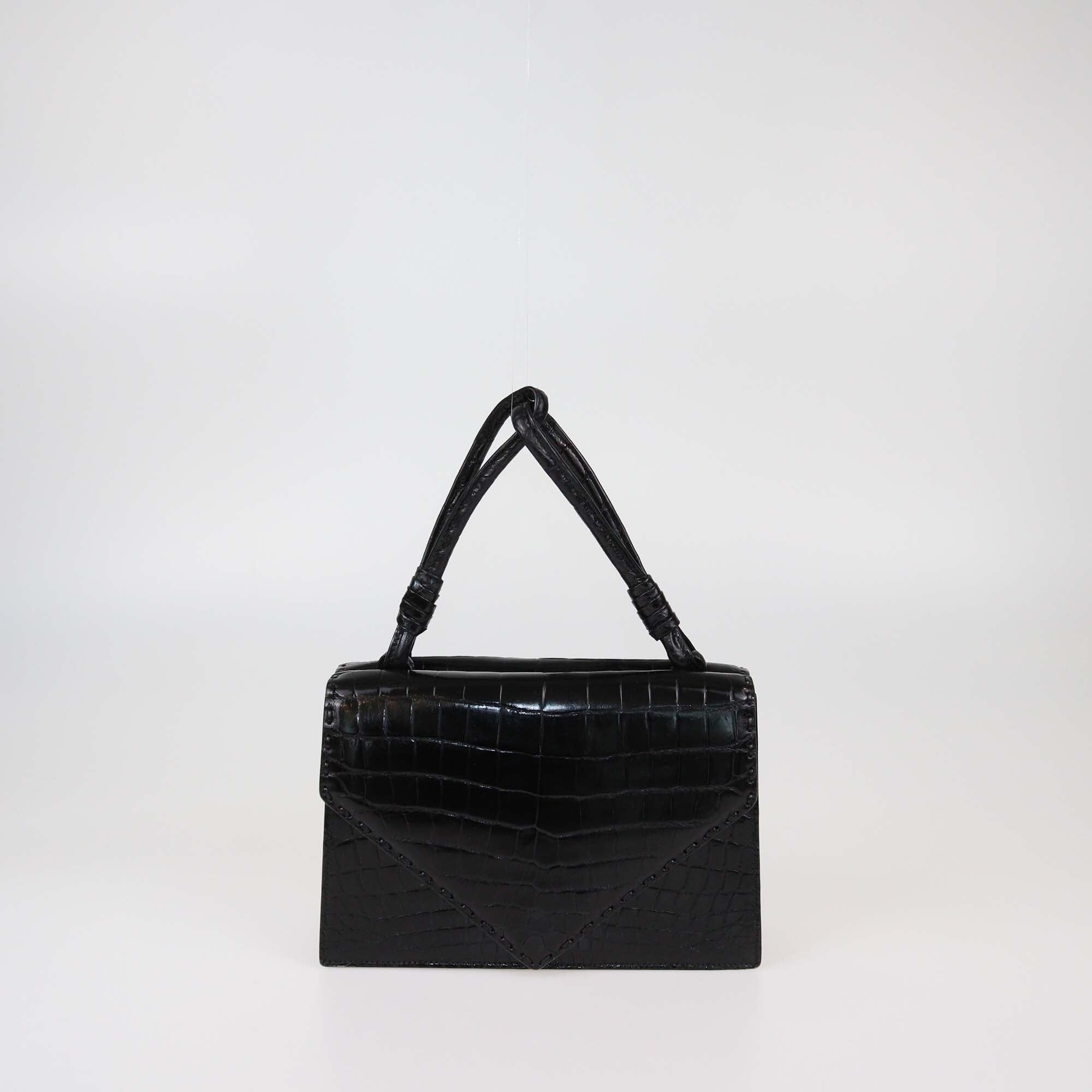 Bottega Veneta Black Shiny Crocodile Leather Piano Handle Bag Womens Bottega Veneta