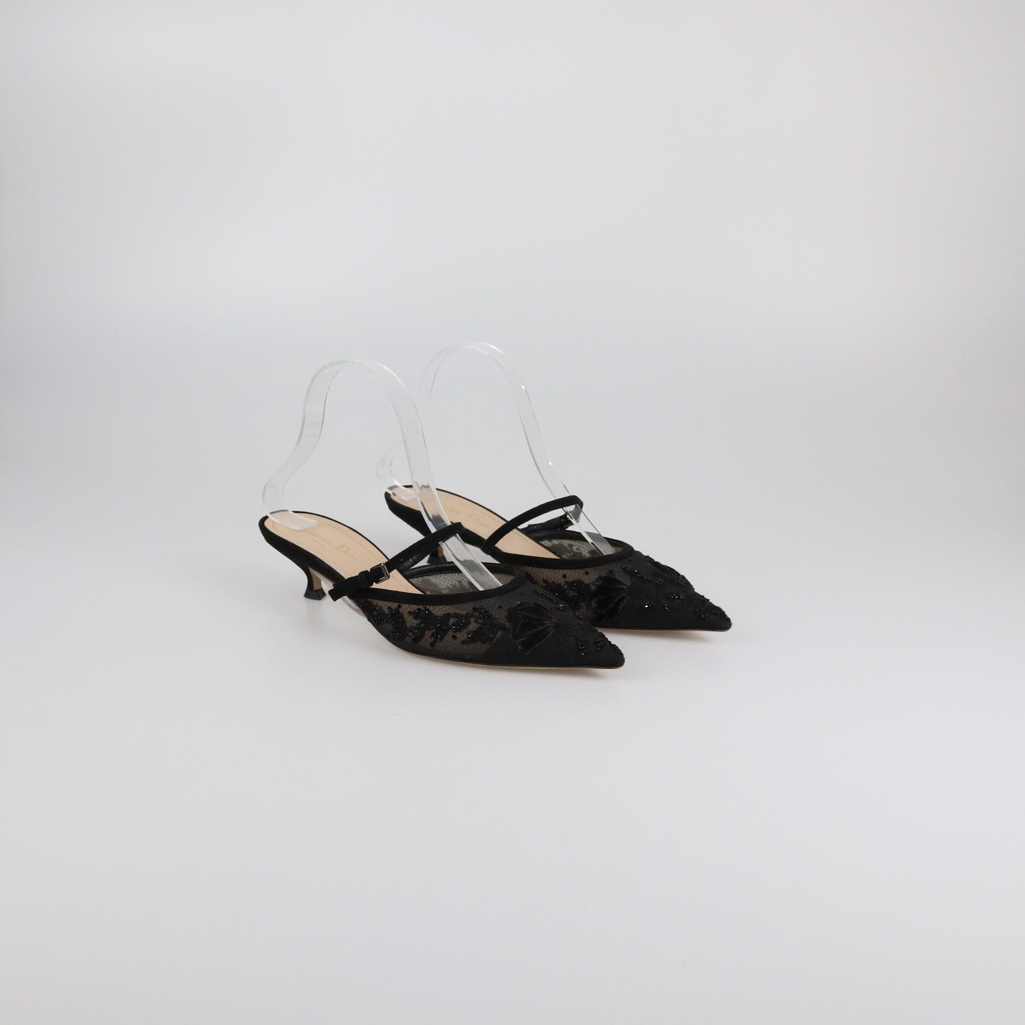 Christian Dior Black Beaded Butterfly Embroidered Kitten Heel Mule Womens Christian Dior