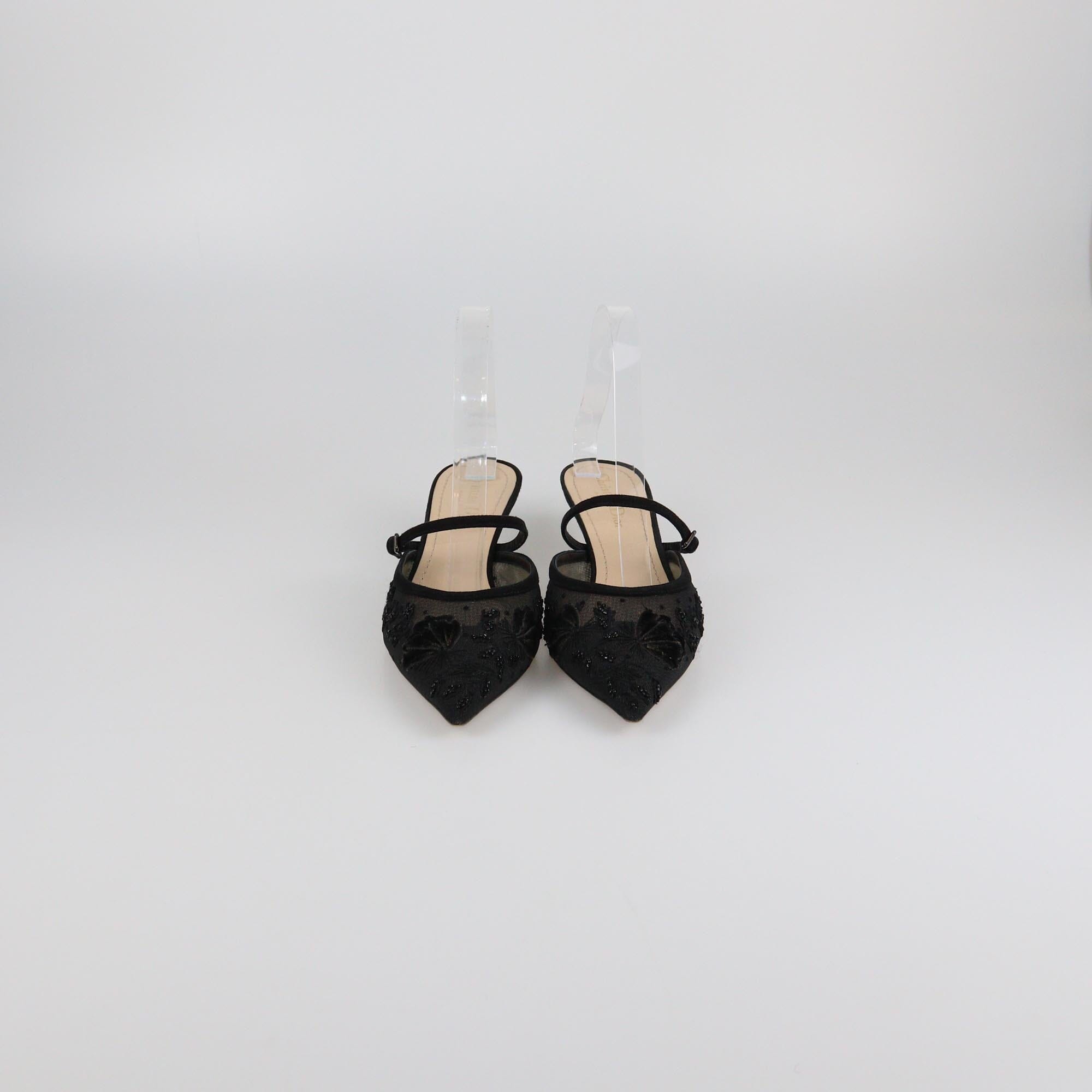 Christian Dior Black Beaded Butterfly Embroidered Kitten Heel Mule Womens Christian Dior