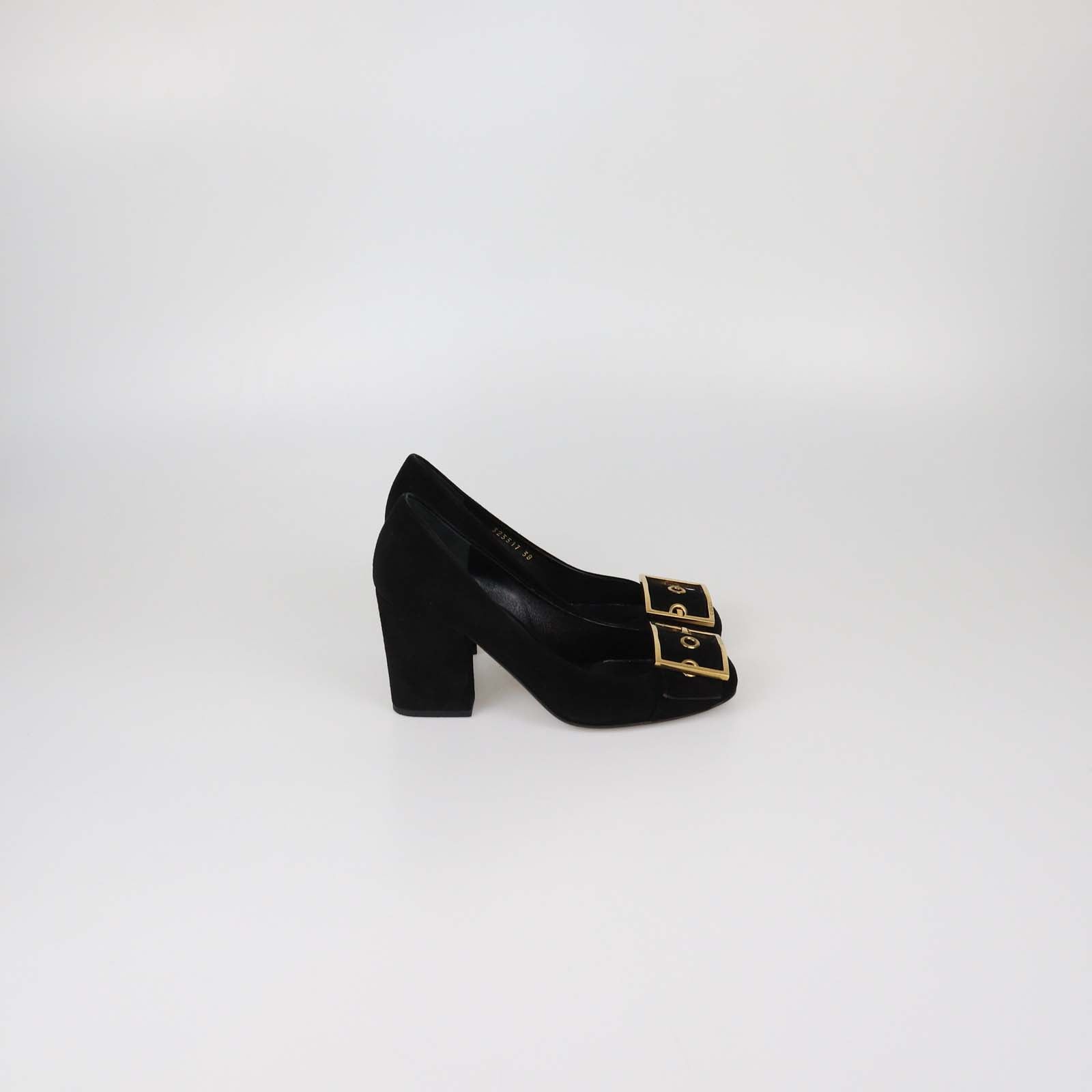 Gucci Black Suede Buckle Detail Block Heel Pumps