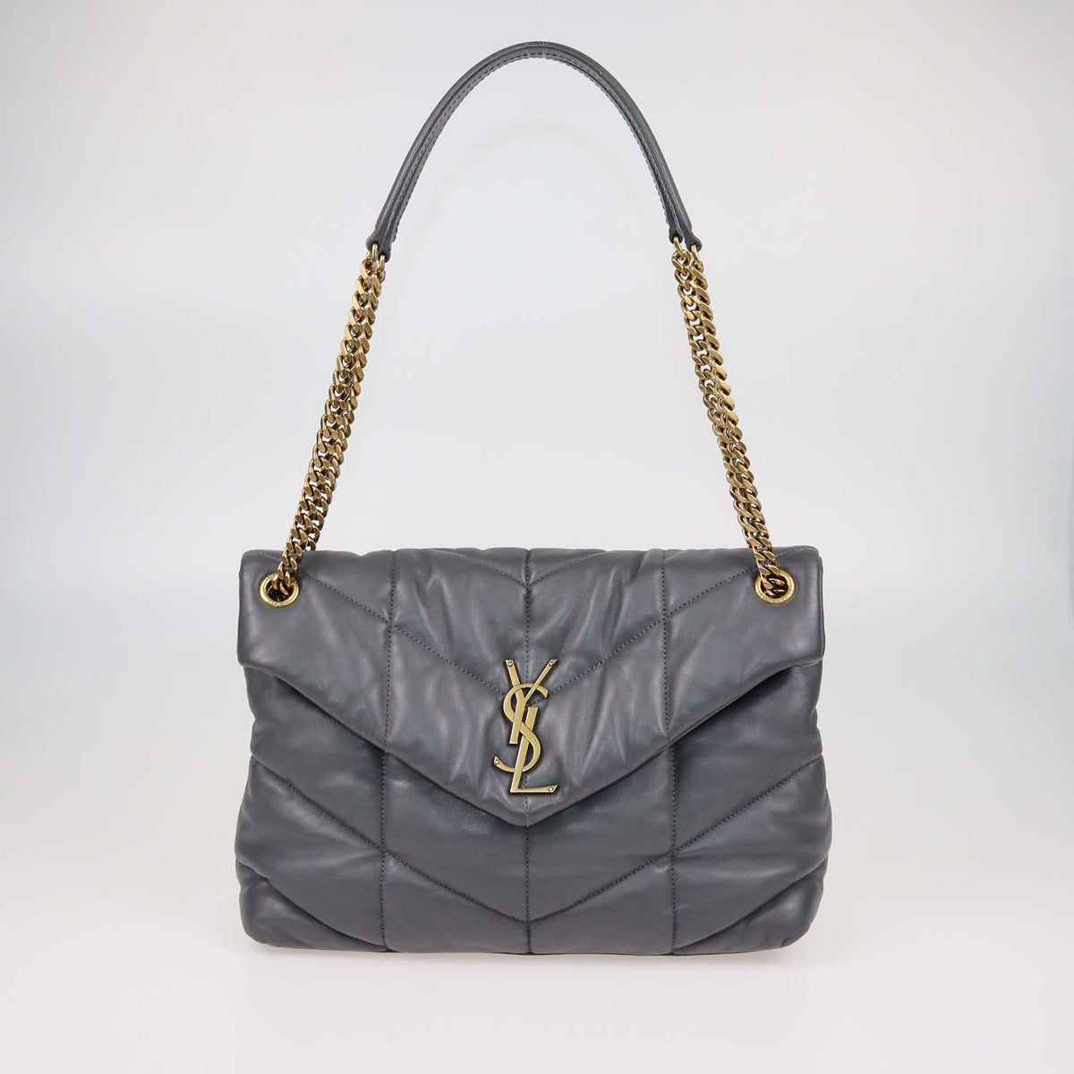 Saint Laurent Grey Puffer Leather Medium Loulou Shoulder Bag
