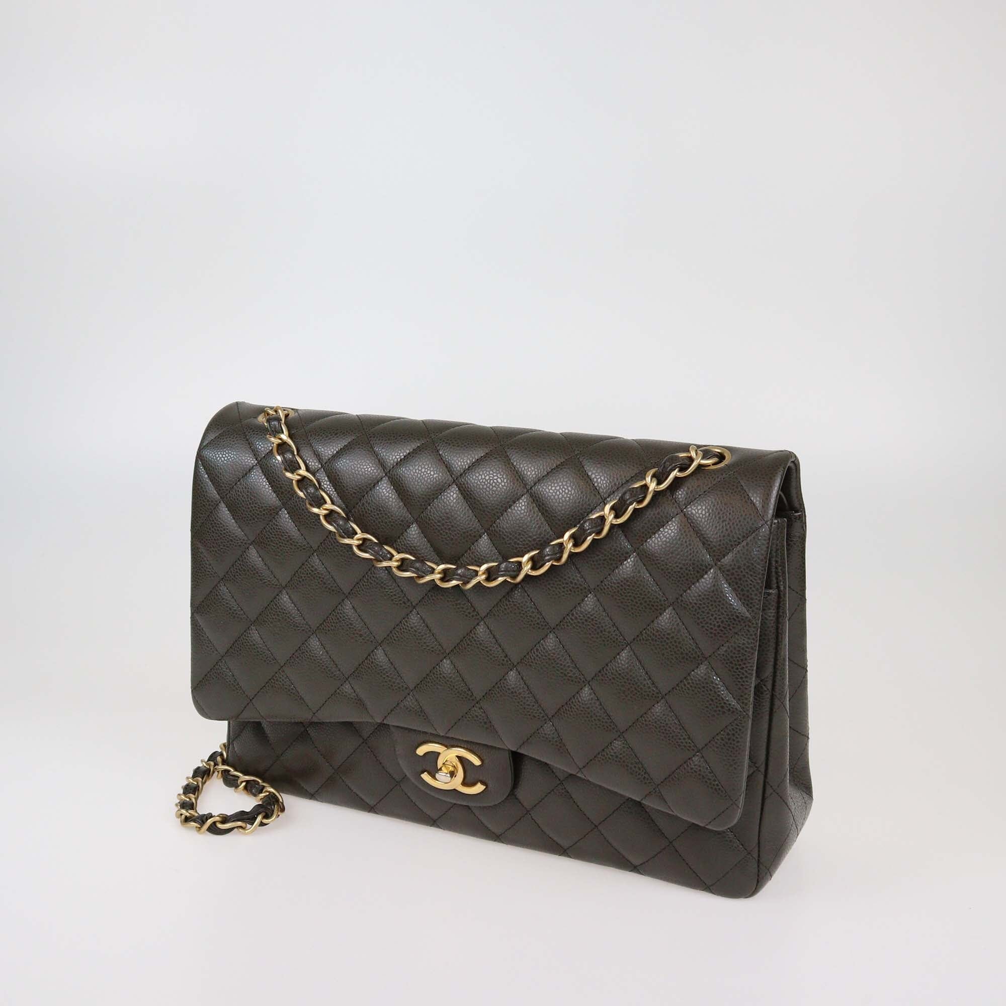 Chanel Military Green Quilted Caviar Leather Maxi Classic Double Flap Bag Womens Chanel
