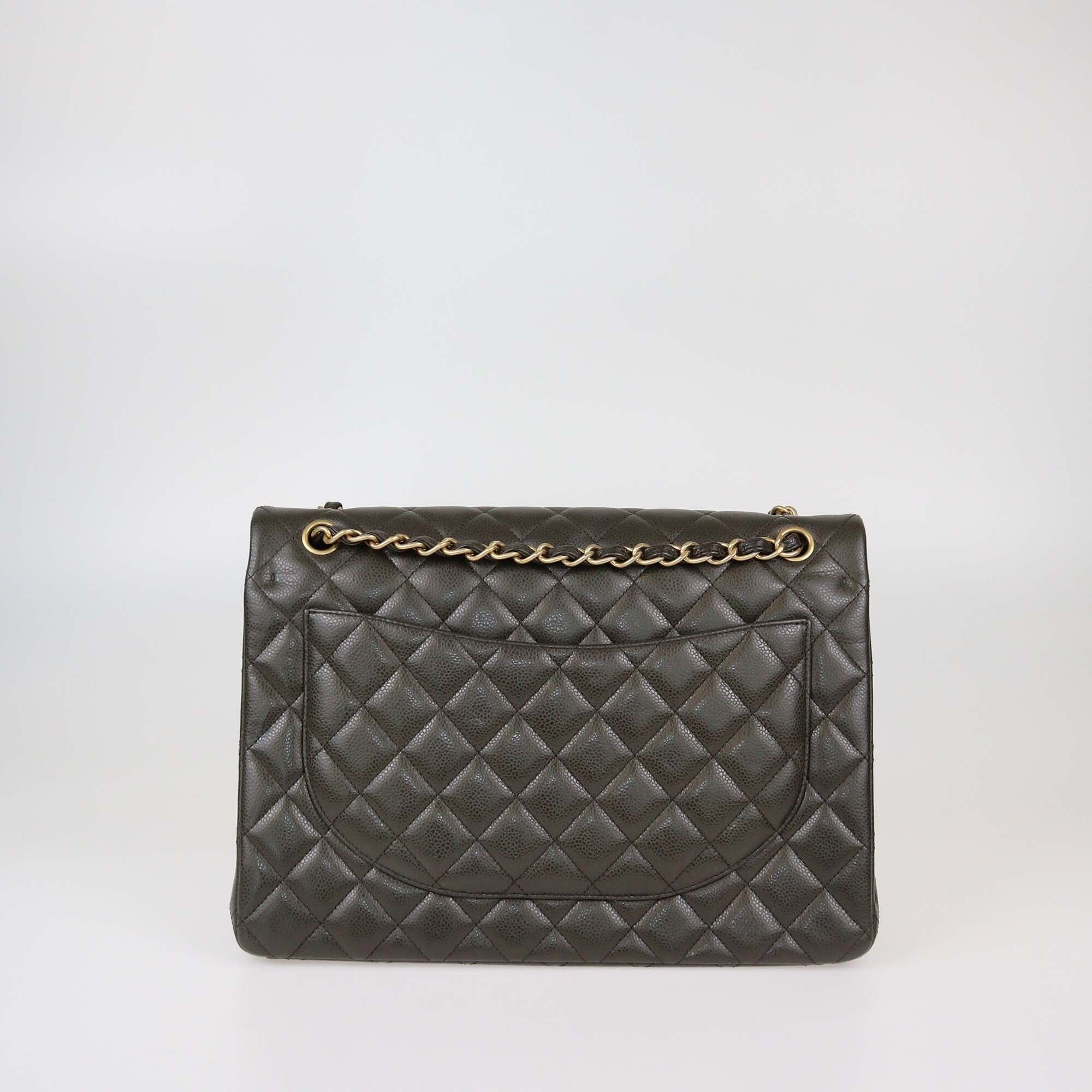 Chanel Military Green Quilted Caviar Leather Maxi Classic Double Flap Bag Womens Chanel