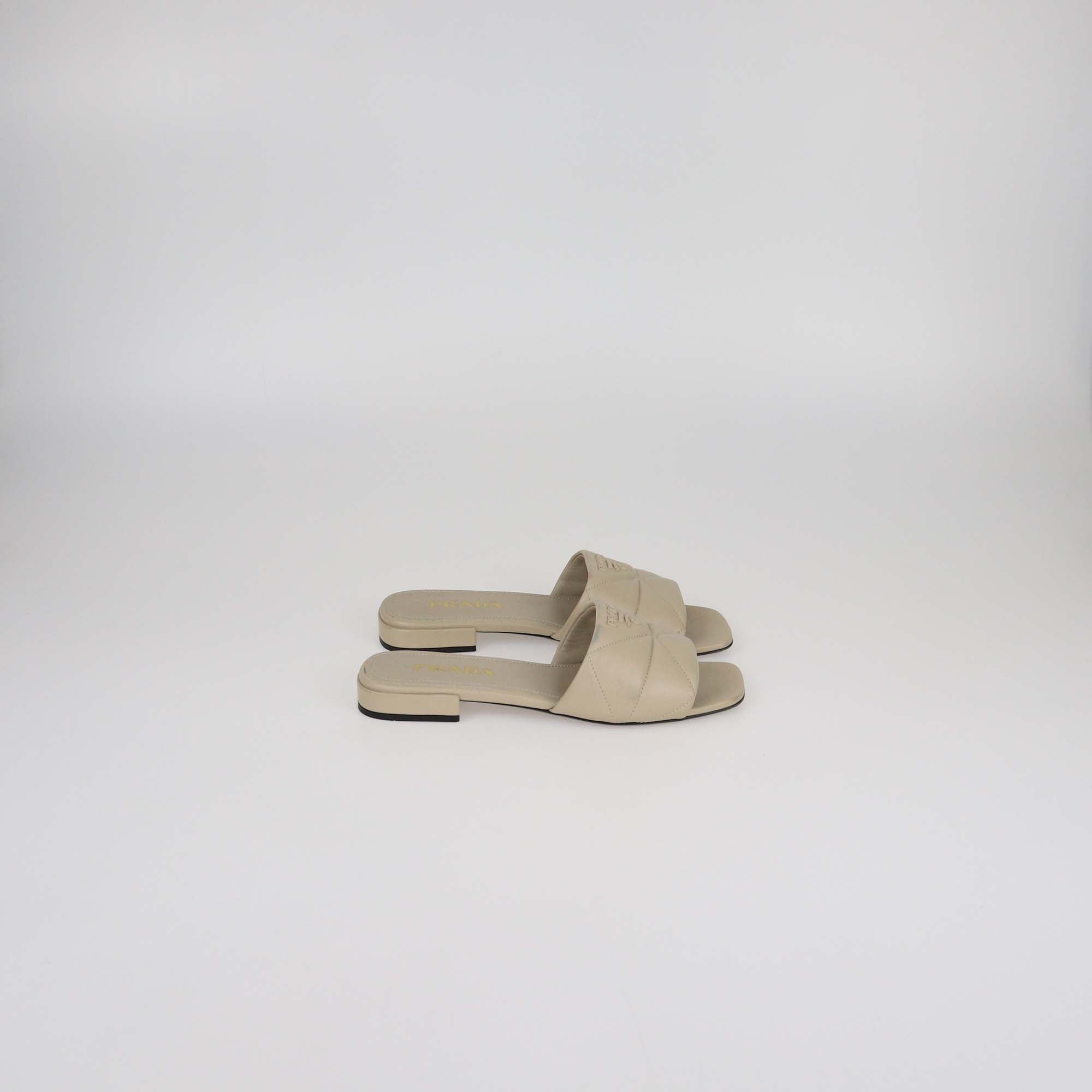 Prada Beige Quilted Leather Logo Slide Sandals