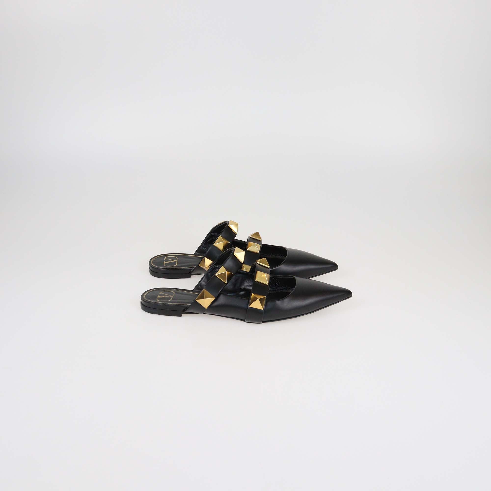 Valentino Black Leather Roman Stud Flat Mules