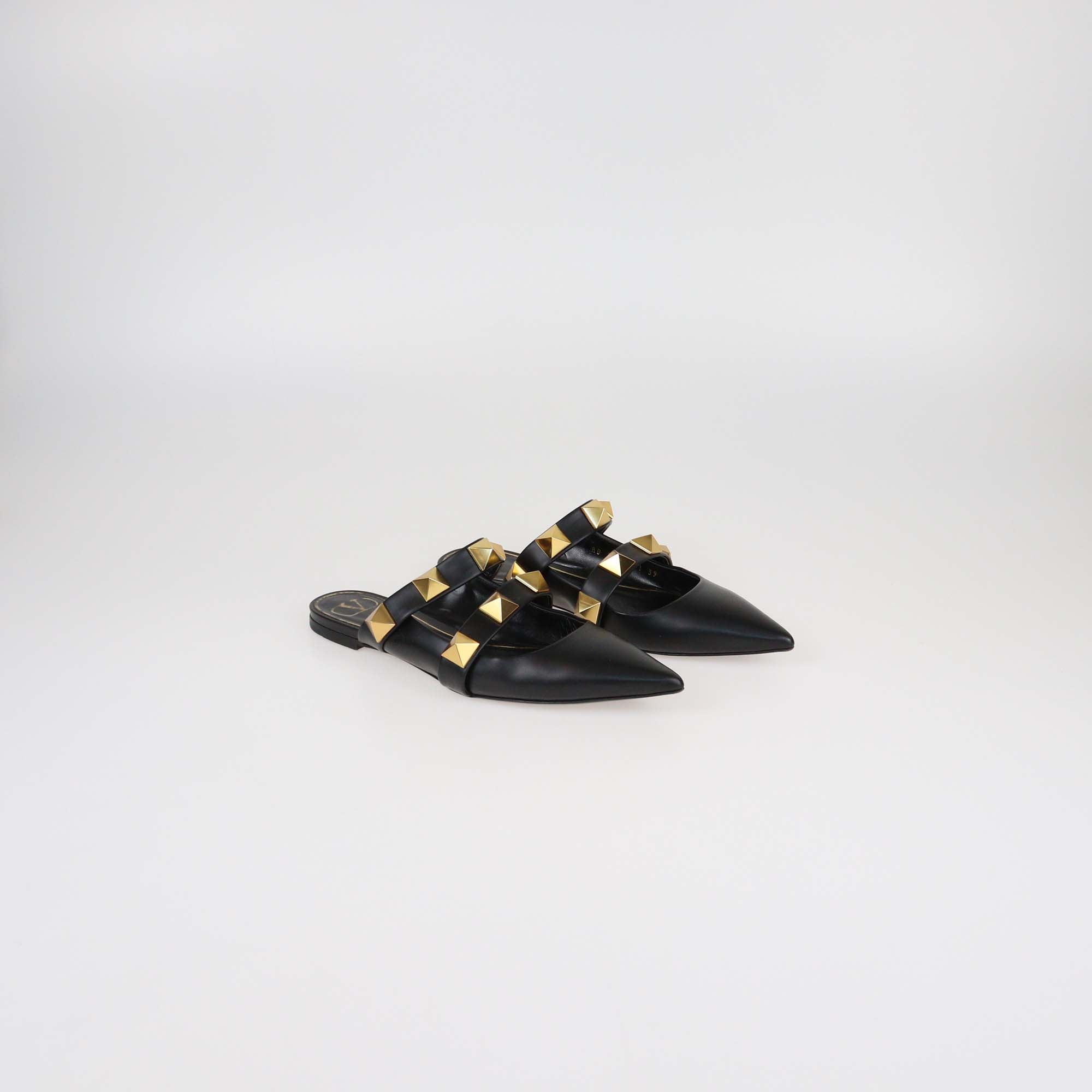 Valentino Black Leather Roman Stud Flat Mules