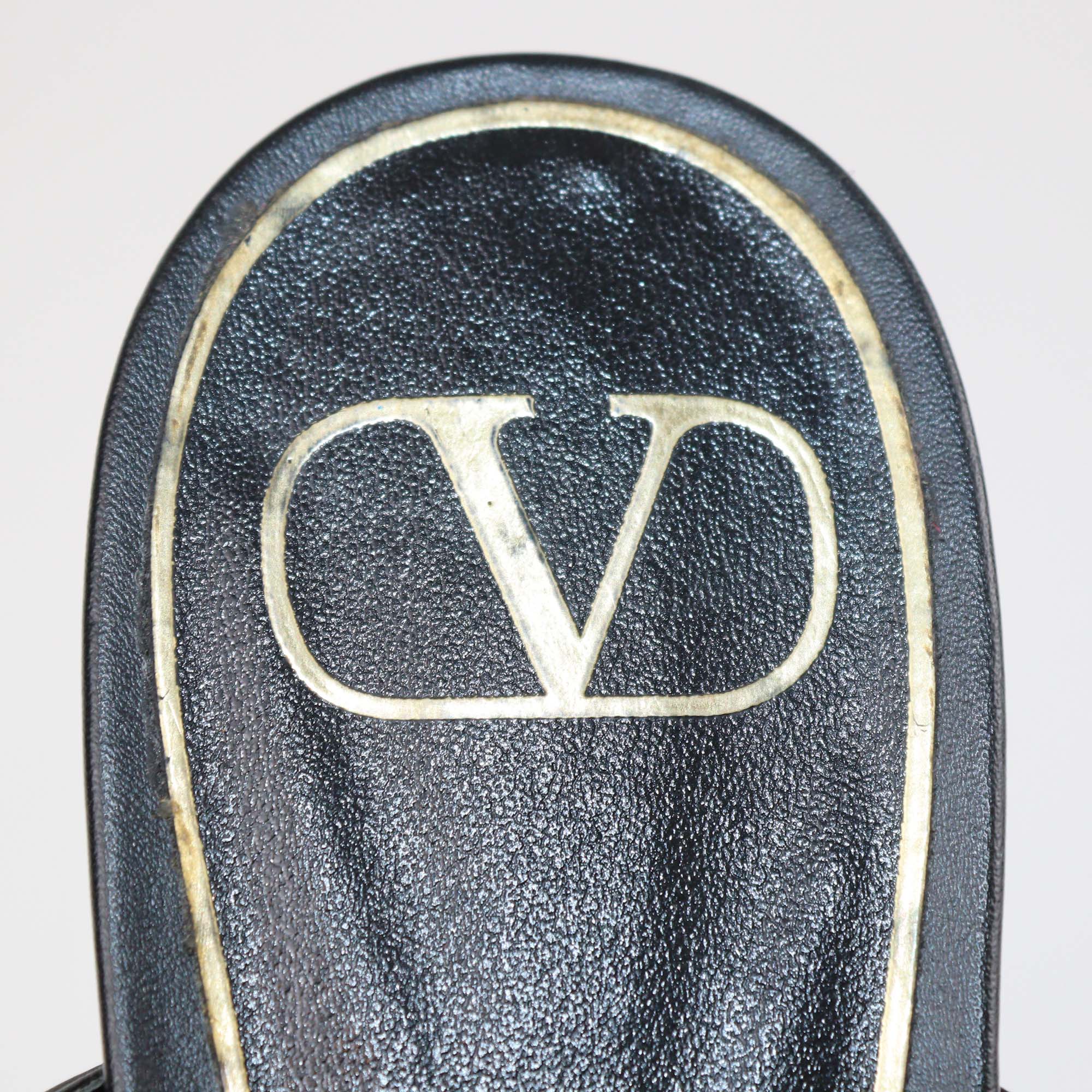Valentino Black Leather Roman Stud Flat Mules
