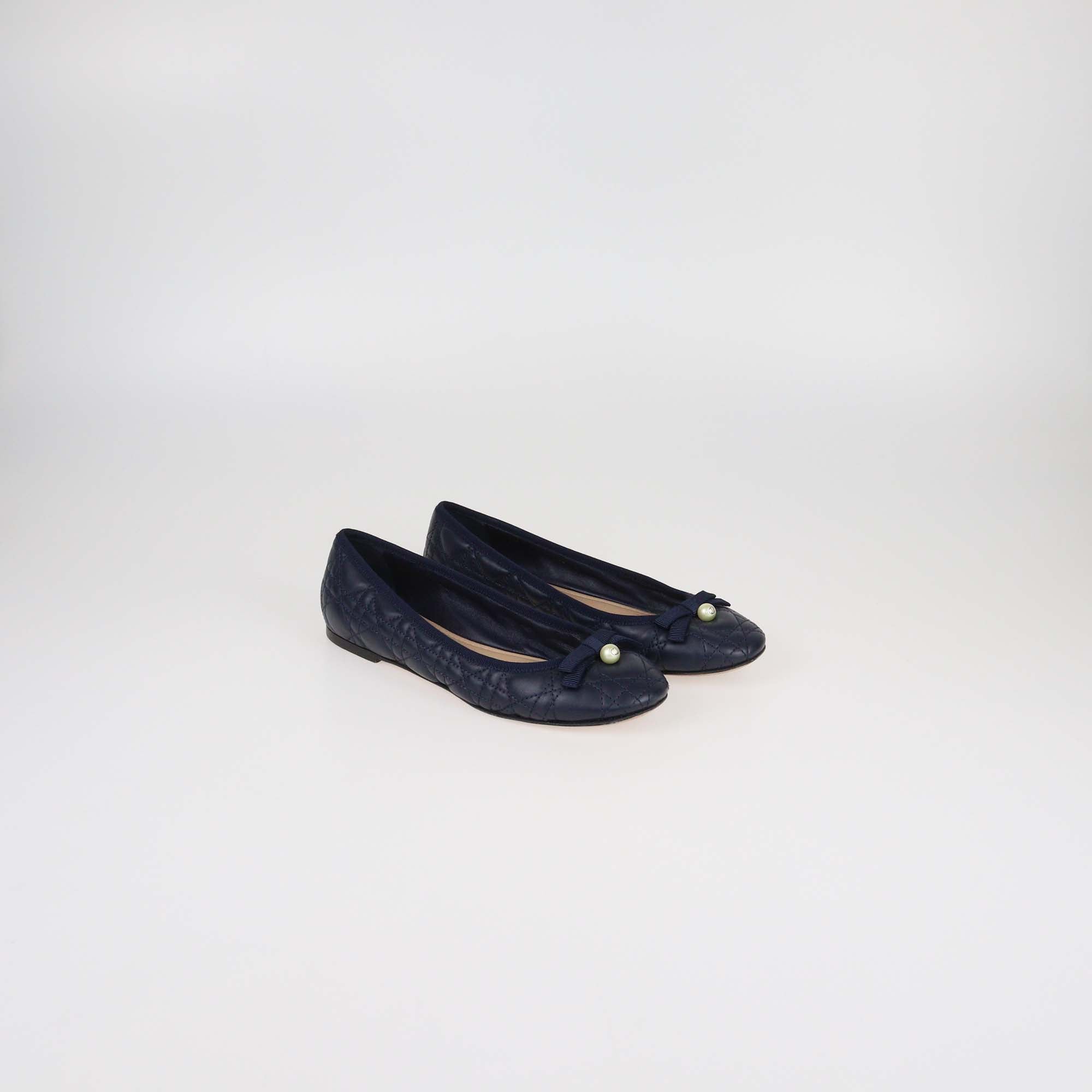 Christian Dior Navy Blue Cannage Leather Pearl Bow Ballet Flats