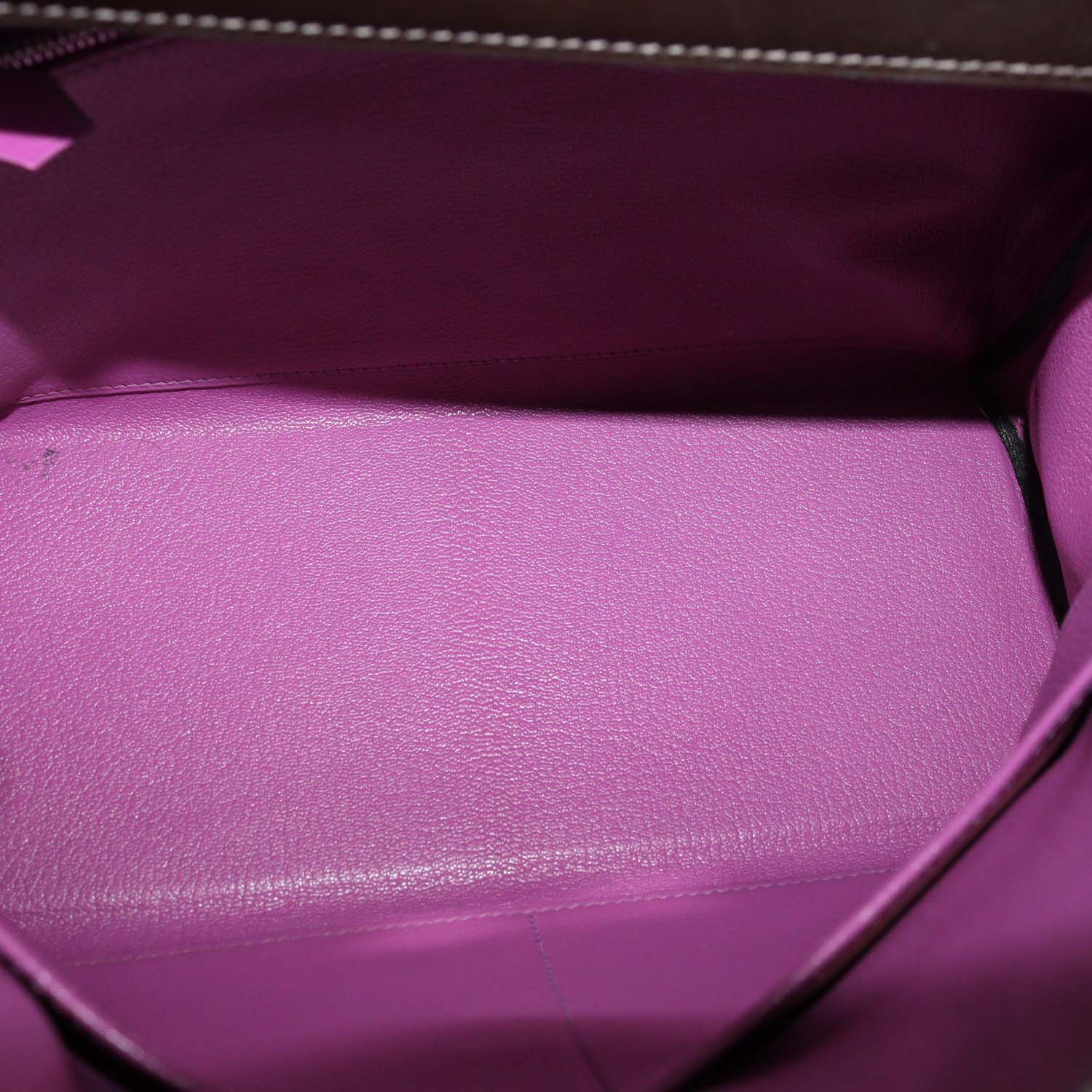 Hermes Chocolat, Cyclamen Box Calf Leather Palladium Hardware Kelly Retourne 28 Bag
