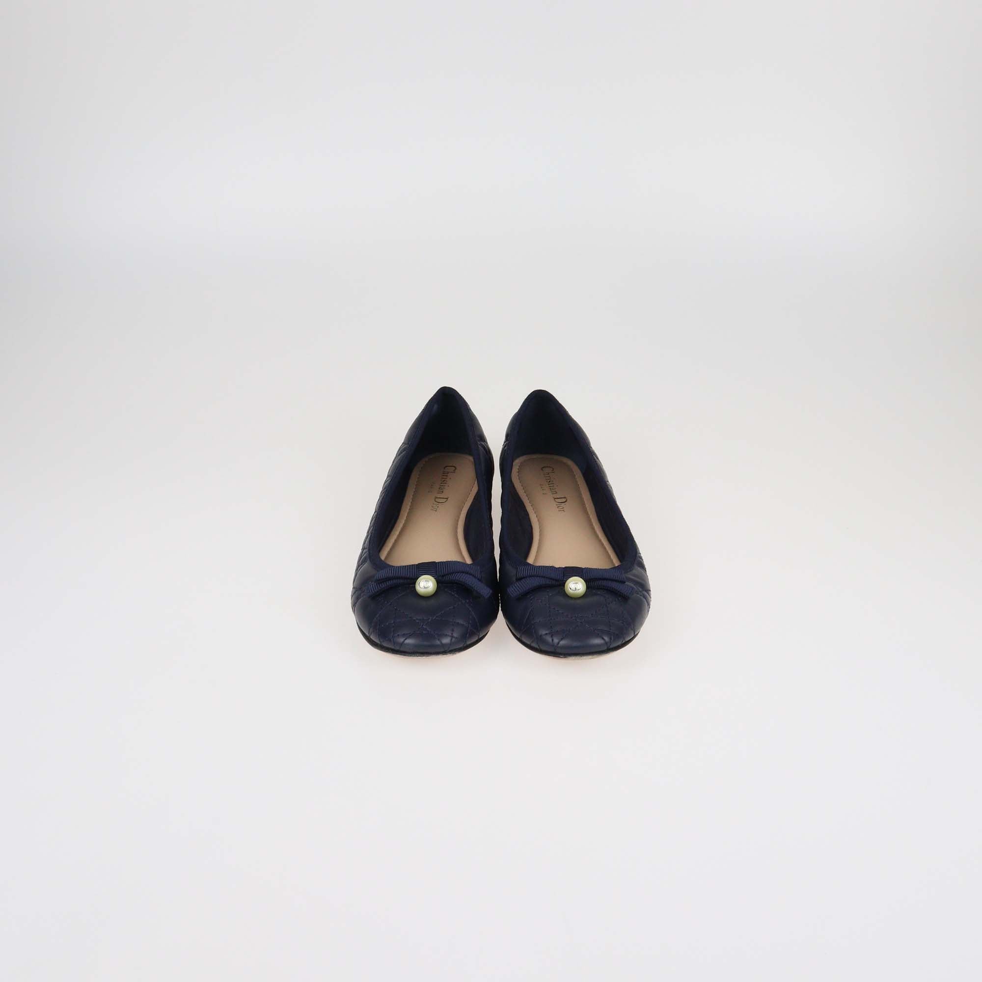 Christian Dior Navy Blue Cannage Leather Pearl Bow Ballet Flats