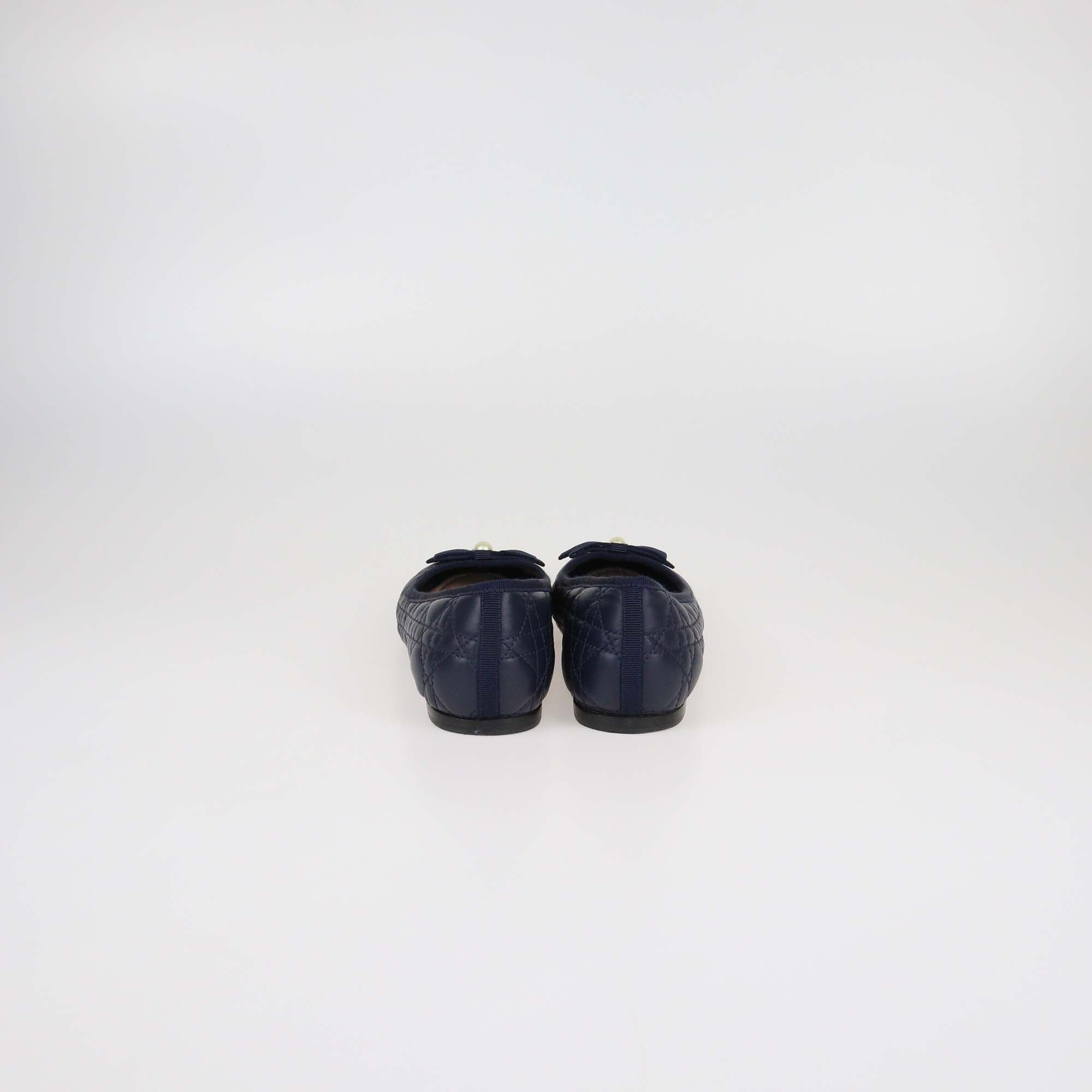 Christian Dior Navy Blue Cannage Leather Pearl Bow Ballet Flats