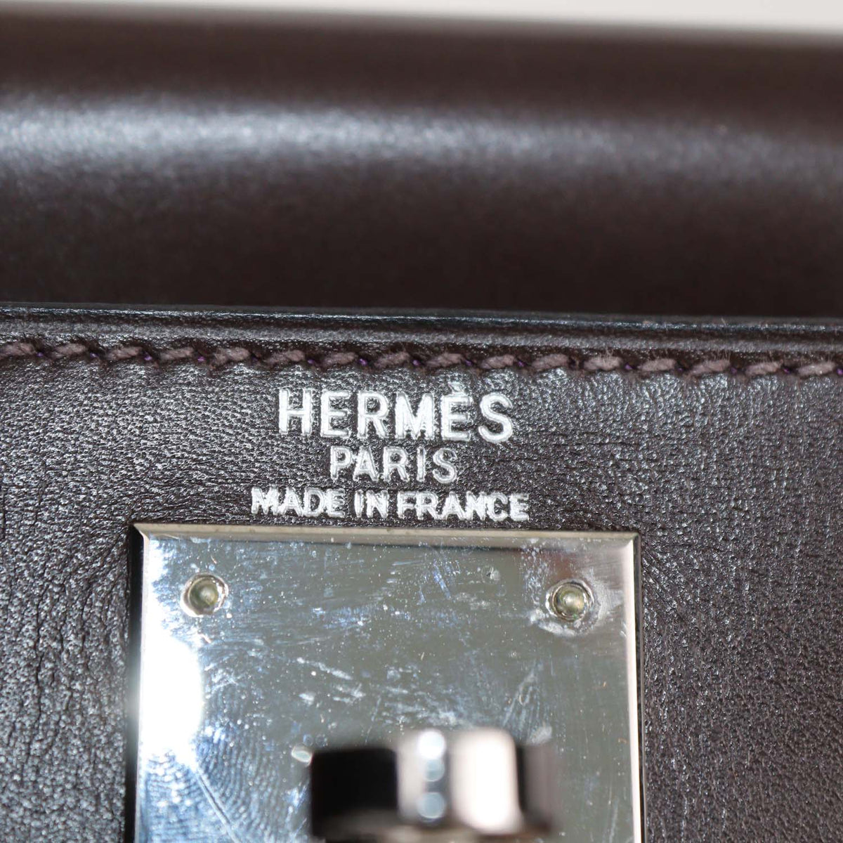 Hermes Chocolat, Cyclamen Box Calf Leather Palladium Hardware Kelly Retourne 28 Bag