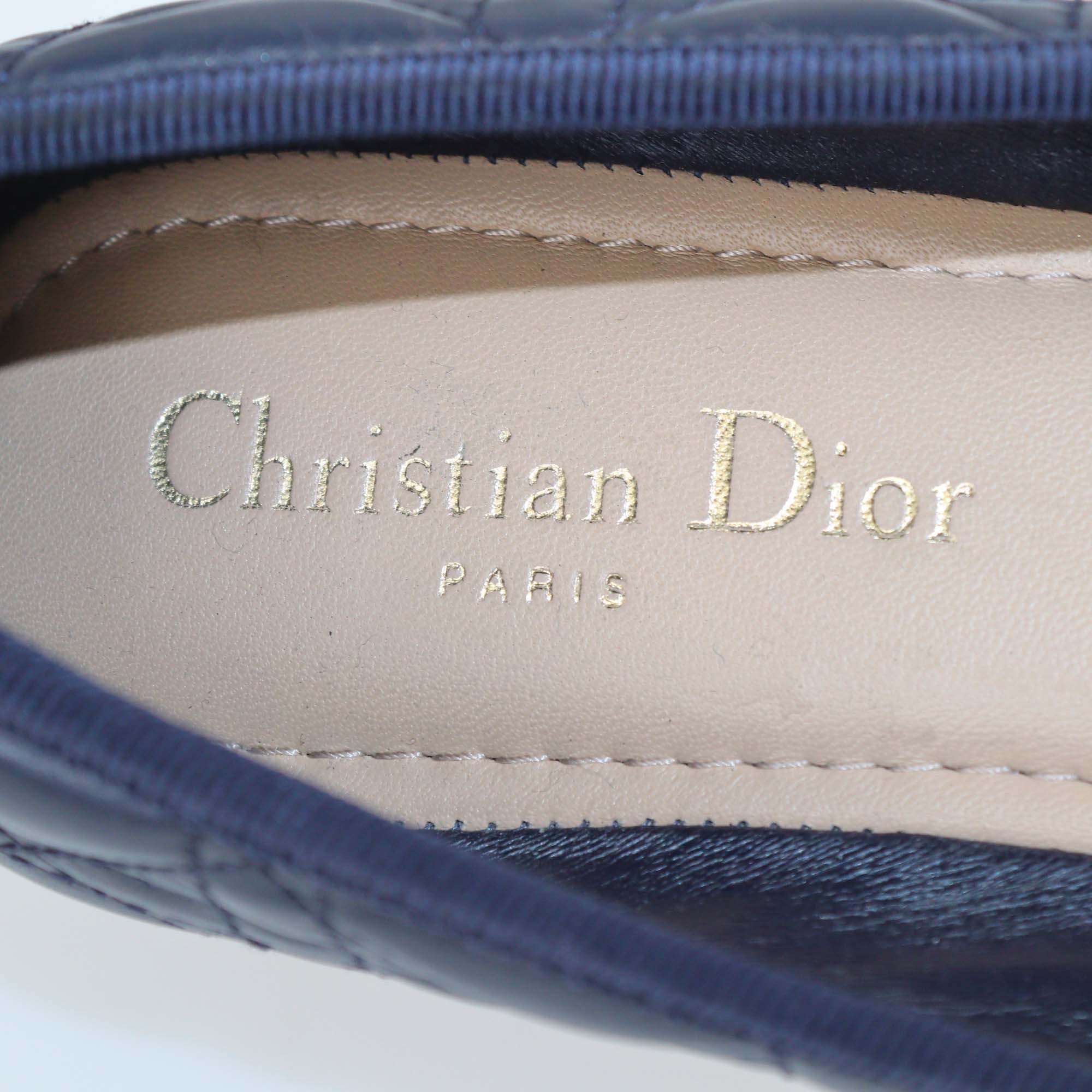 Christian Dior Navy Blue Cannage Leather Pearl Bow Ballet Flats