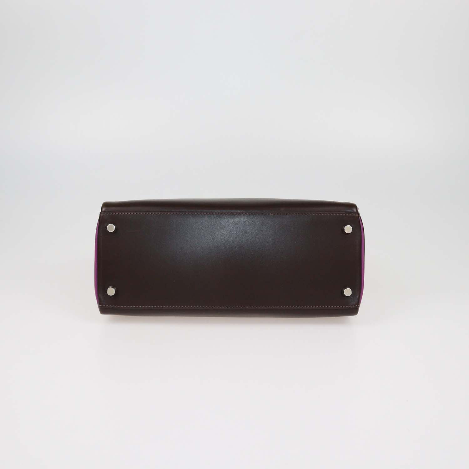 Hermes Chocolat, Cyclamen Box Calf Leather Palladium Hardware Kelly Retourne 28 Bag