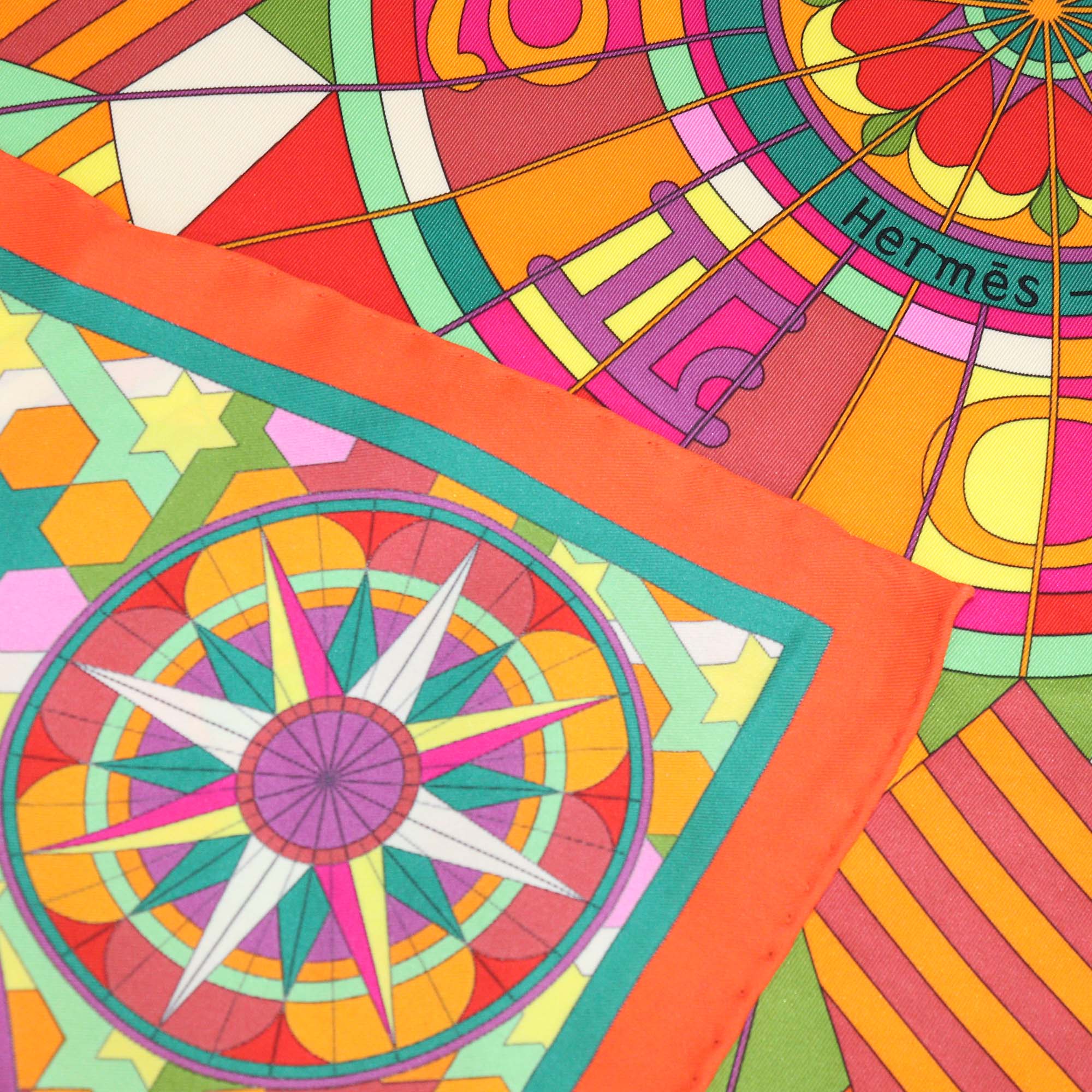 Hermes Orange Silk Rose de Compas Print Scarf 70