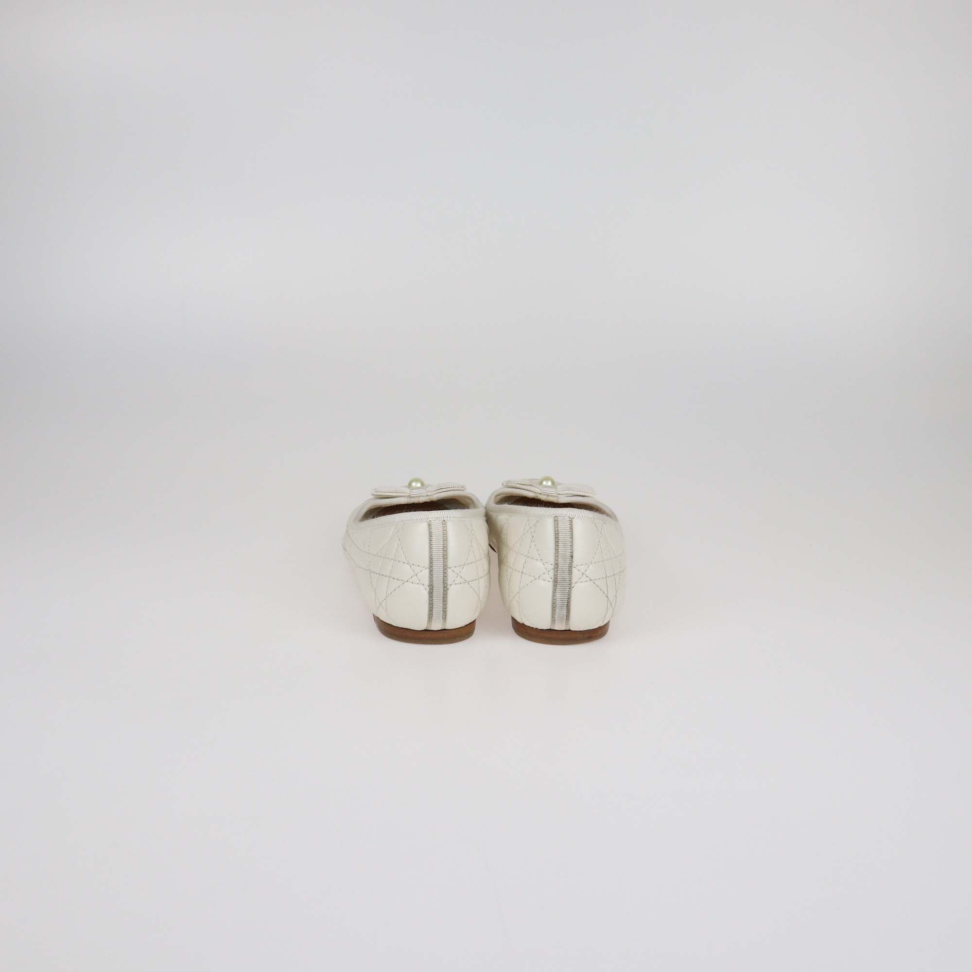 Christian Dior White Cannage Leather Pearl Bow Ballet Flats