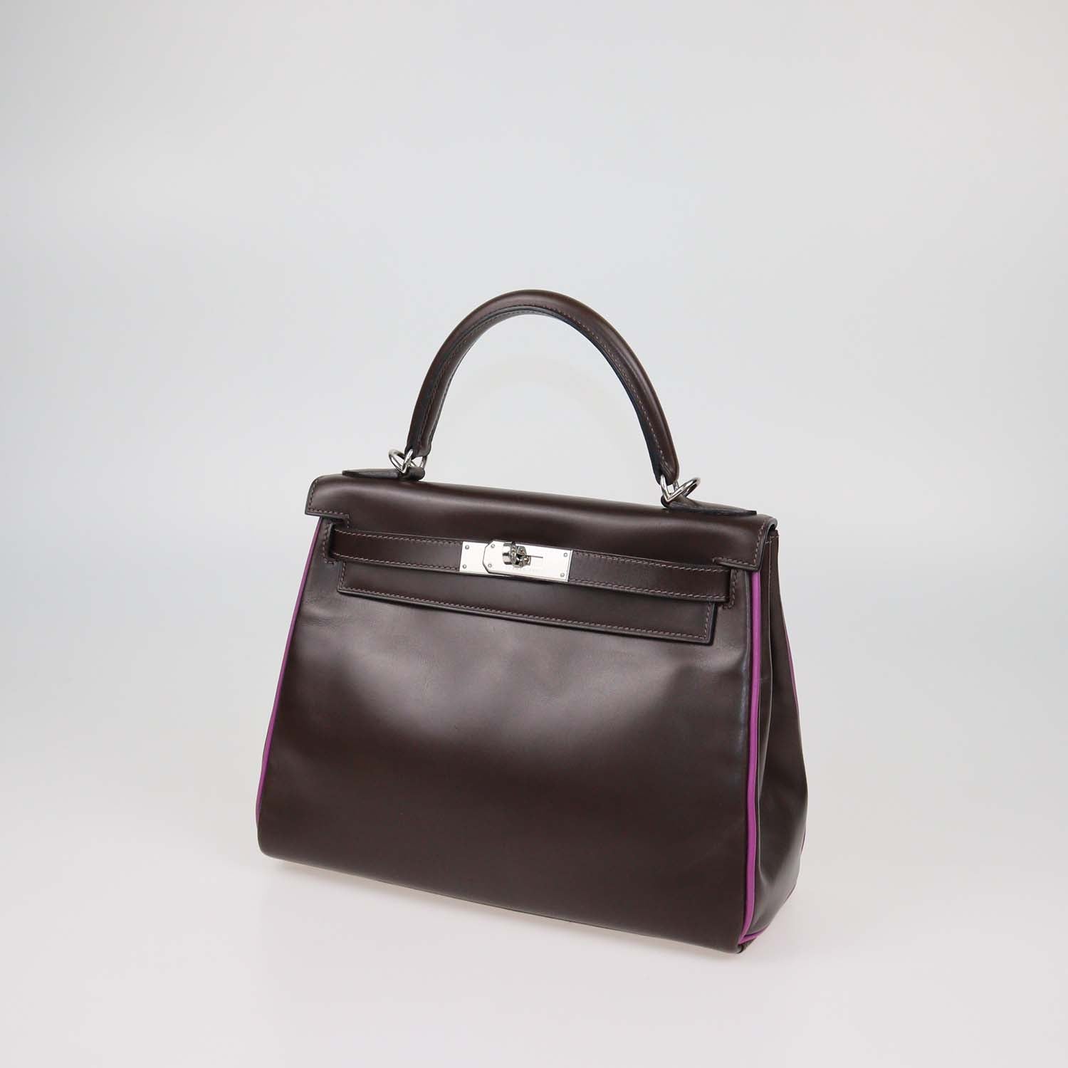 Hermes Chocolat, Cyclamen Box Calf Leather Palladium Hardware Kelly Retourne 28 Bag