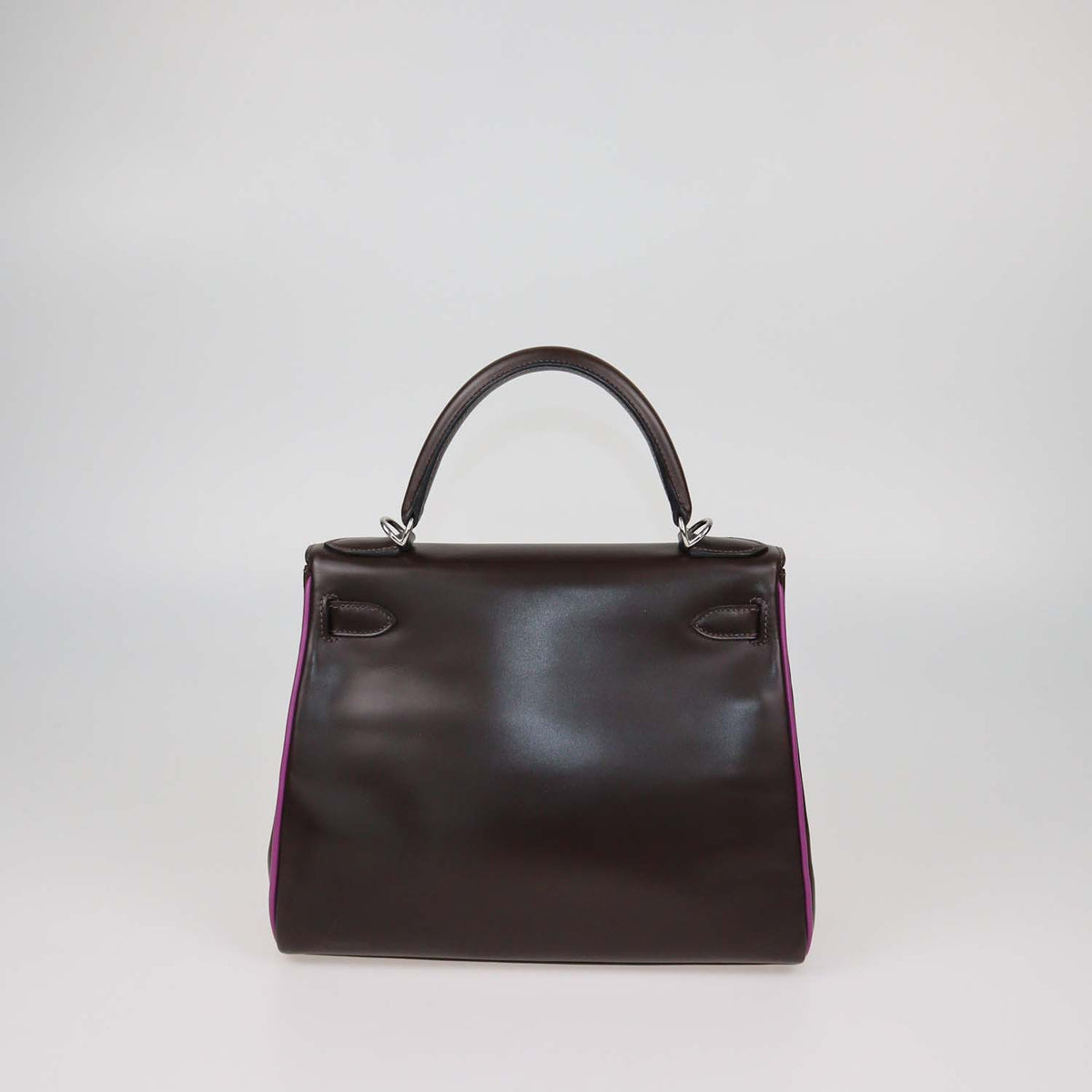 Hermes Chocolat, Cyclamen Box Calf Leather Palladium Hardware Kelly Retourne 28 Bag
