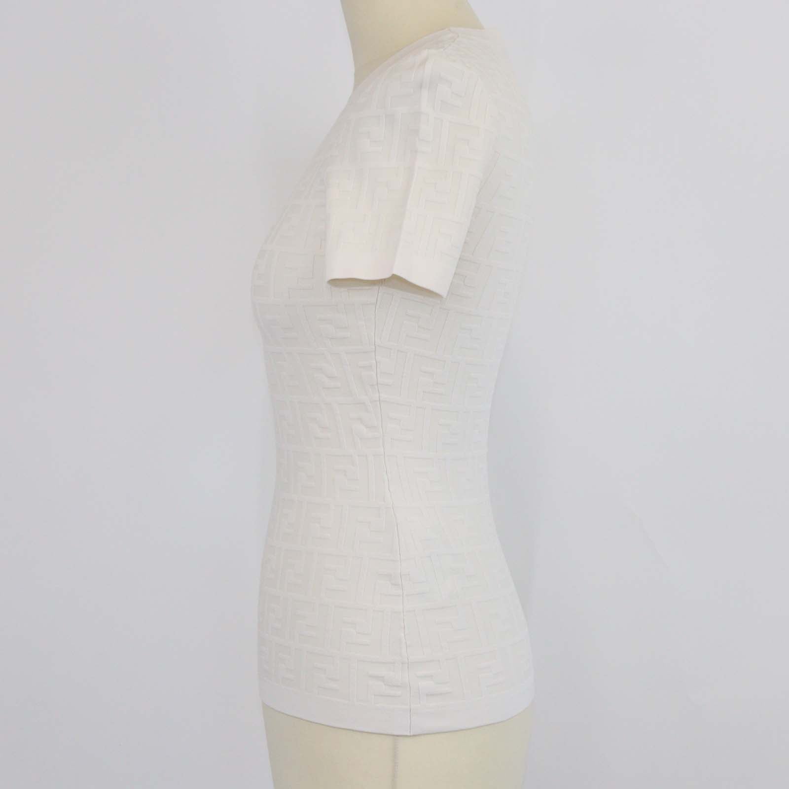 Fendi Off White Blend Viscose FF Jacquard Knit Short Sleeve T-Shirt