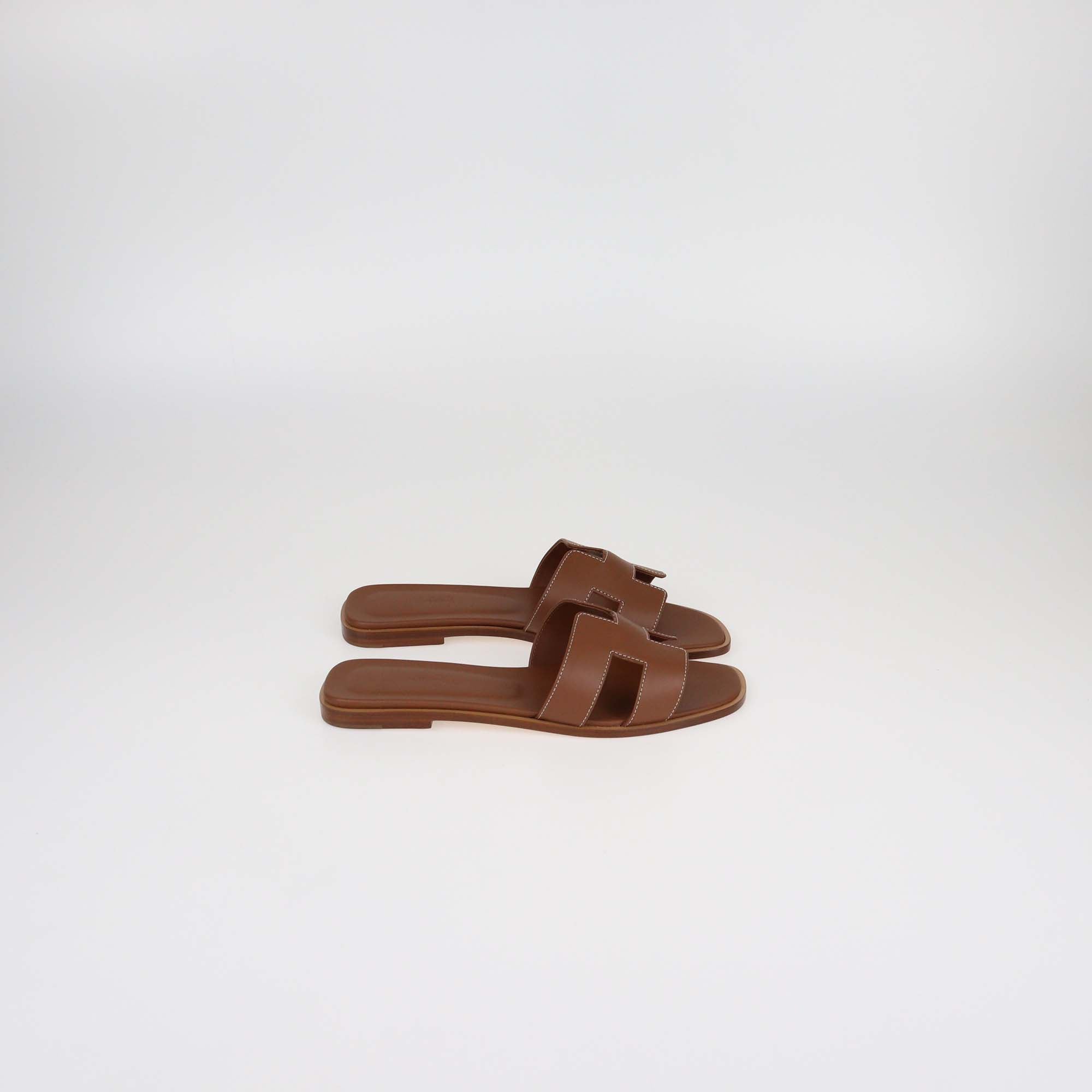 Hermes Gold Box Calf Leather Oran Sandals