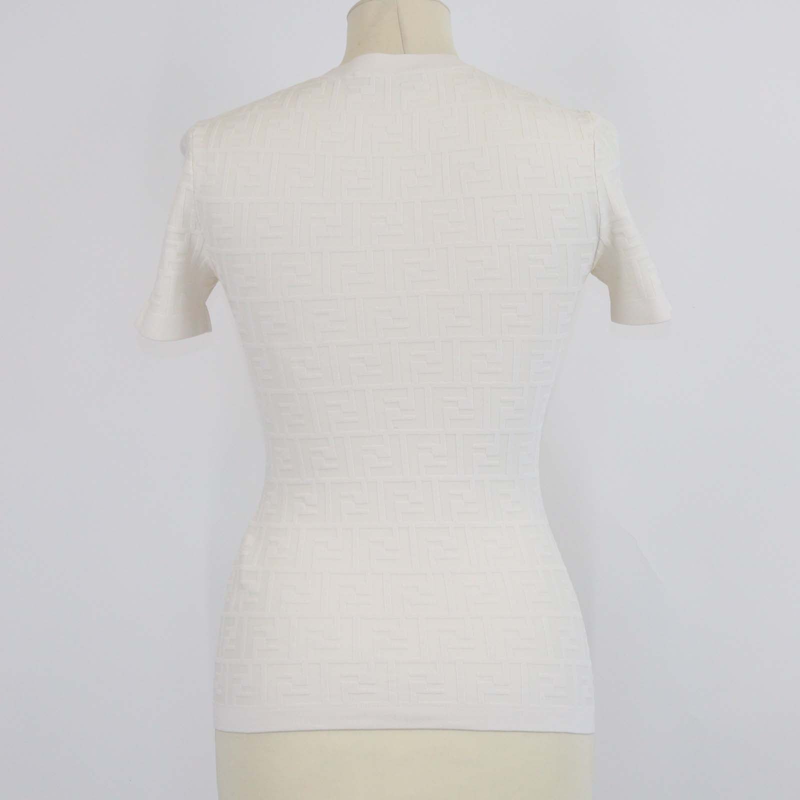 Fendi Off White Blend Viscose FF Jacquard Knit Short Sleeve T-Shirt