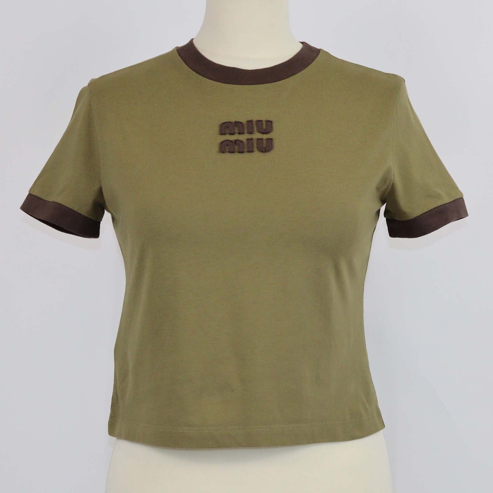 Miu Miu Green/Brown Cotton Flocked Logo Crop T-Shirt