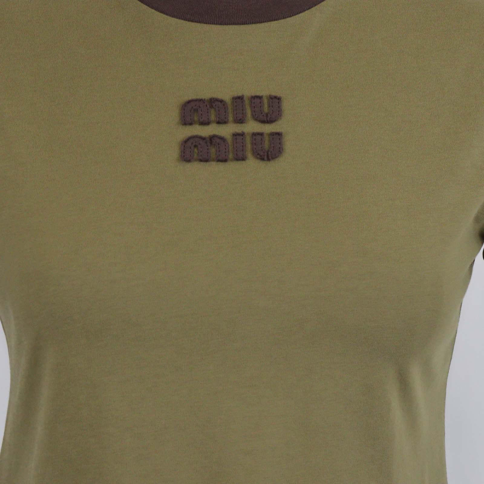 Miu Miu Green/Brown Cotton Flocked Logo Crop T-Shirt