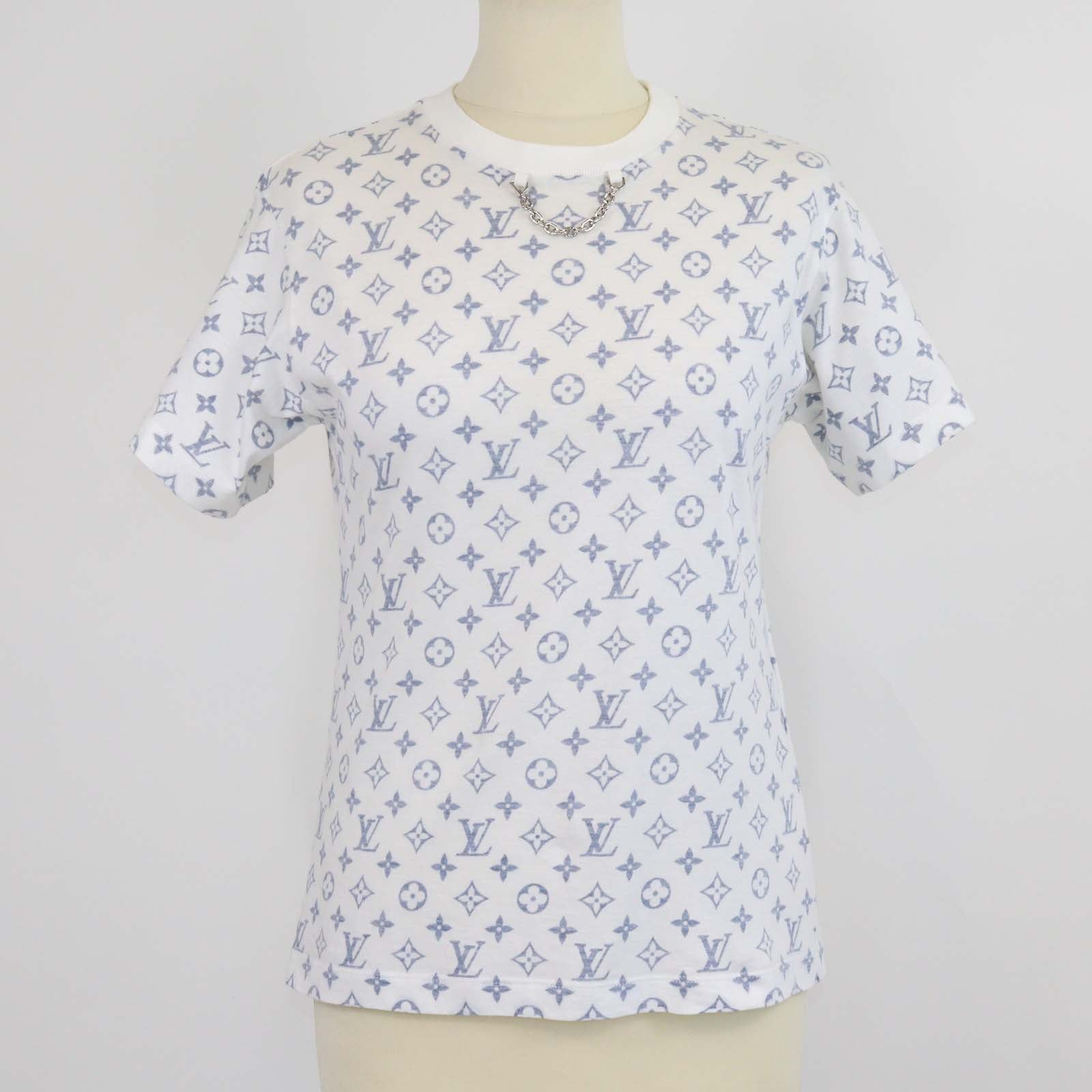 Louis Vuitton White/Blue Monogram Cotton Chain Detail T-Shirt